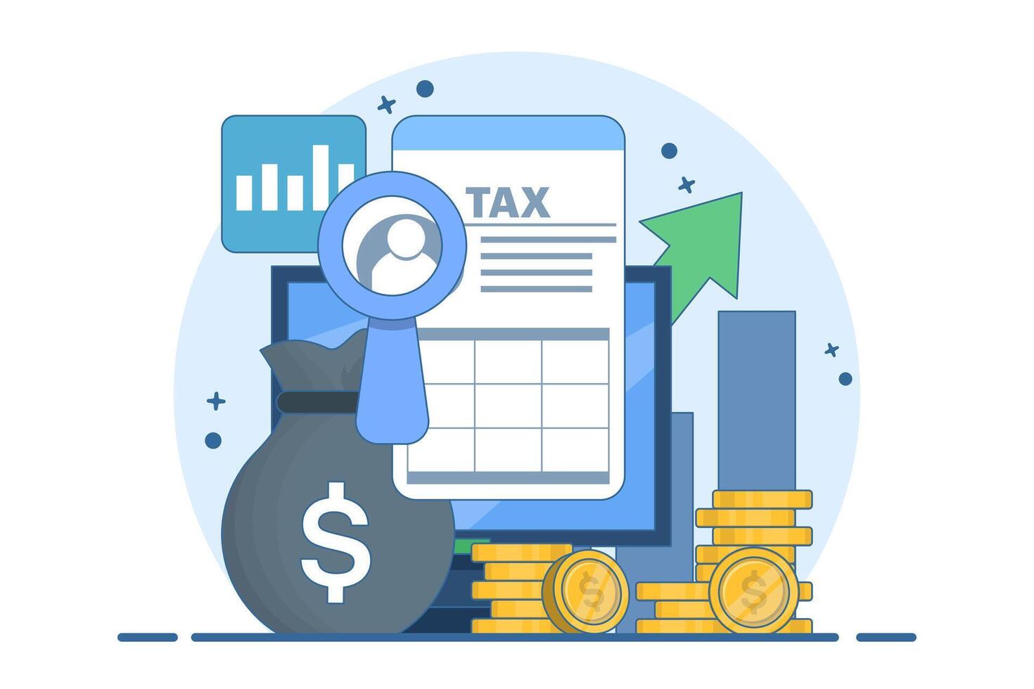 Tax payment concept, Document, Tax form, Audit, Financial accounting, Tax refund calculation, State tax, Tax planning, Due date, Salary calculation, Budget. Flat illustration. vector