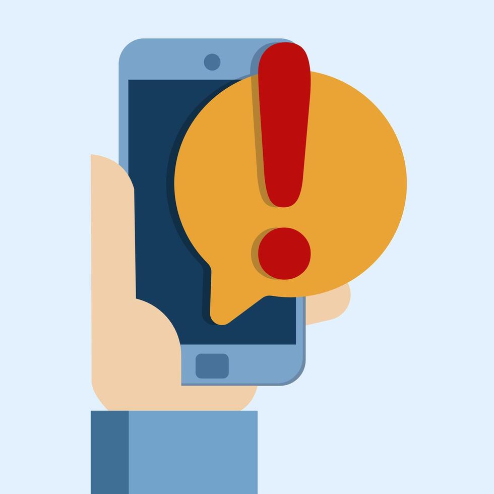Concept of warning notification with exclamation mark on smart device screen. Important reminder. Alert in email. Message on mobile phone. Smart phone with exclamation mark. Mobile phone notification. vector