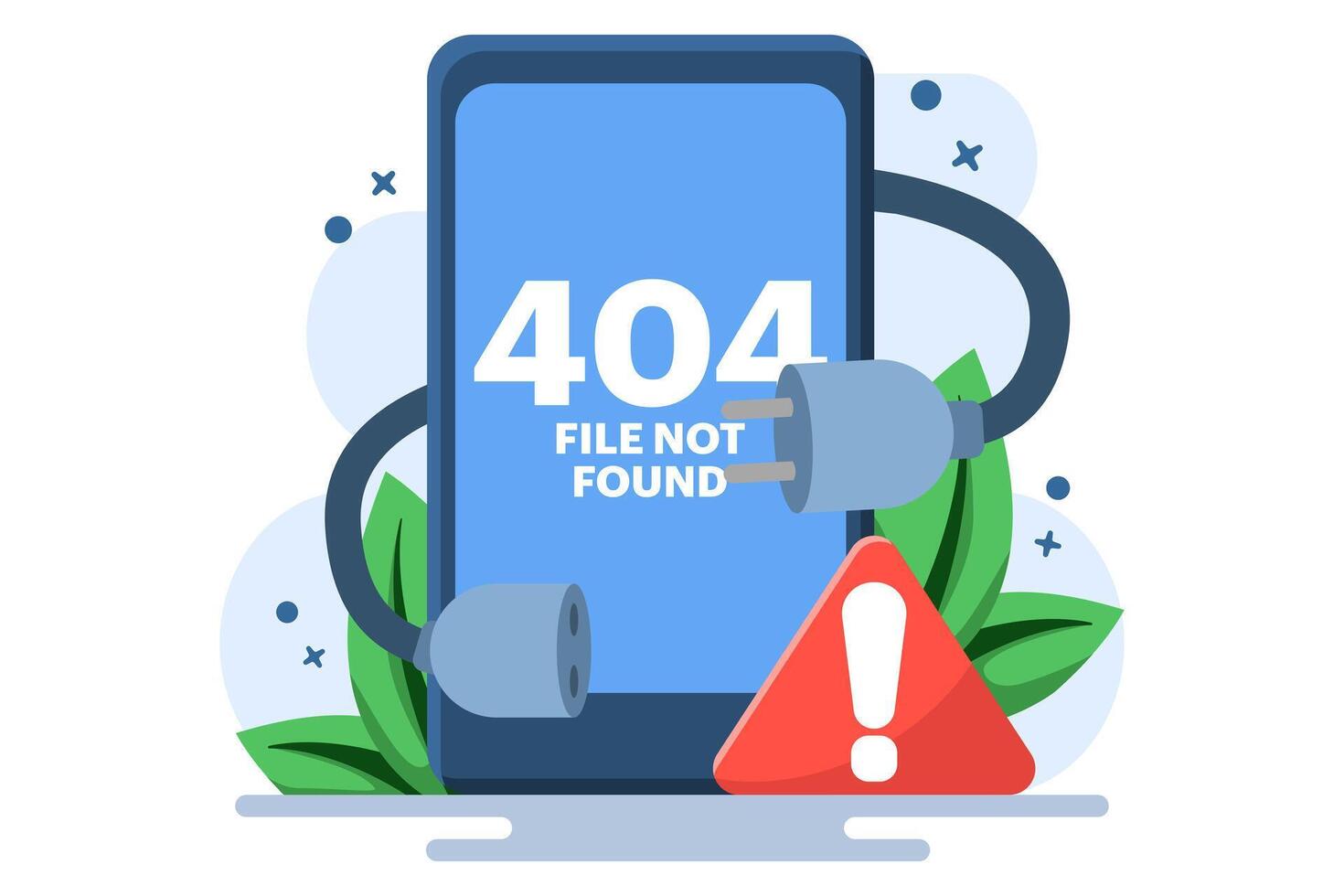 Concept of 404 error, System error, Broken page, Cable and socket, Page not found. Unplug system error. Flat illustration on background. vector