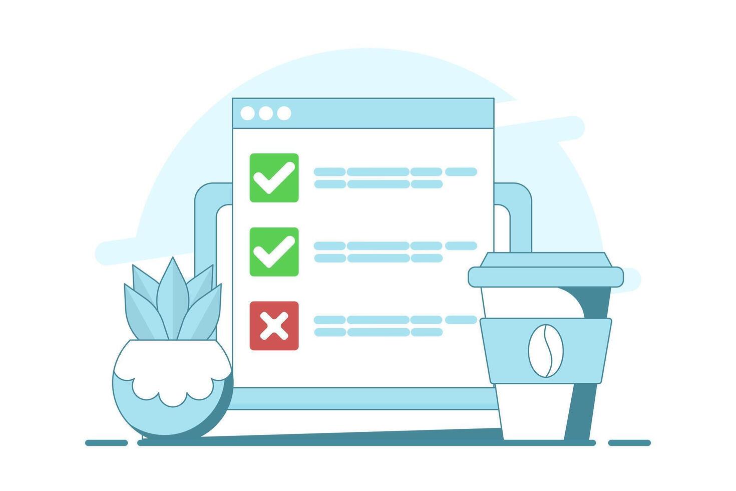 Computer concept with checklist. computer with check mark and cross. Online testing. Checklist and Check Mark on Screen. Check Mark and Options in Browser Window, Flat illustration. vector