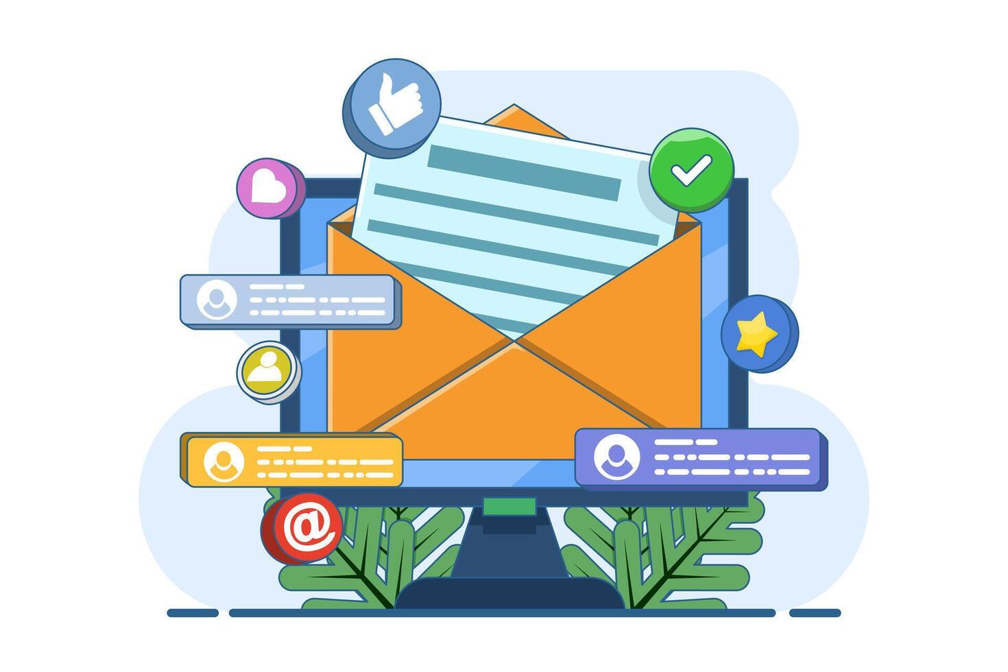 email marketing concept, online business strategy, advertising, email newsletter, message, marketing materials, email marketing with newsletter, online business offers, digital advertising materials. vector