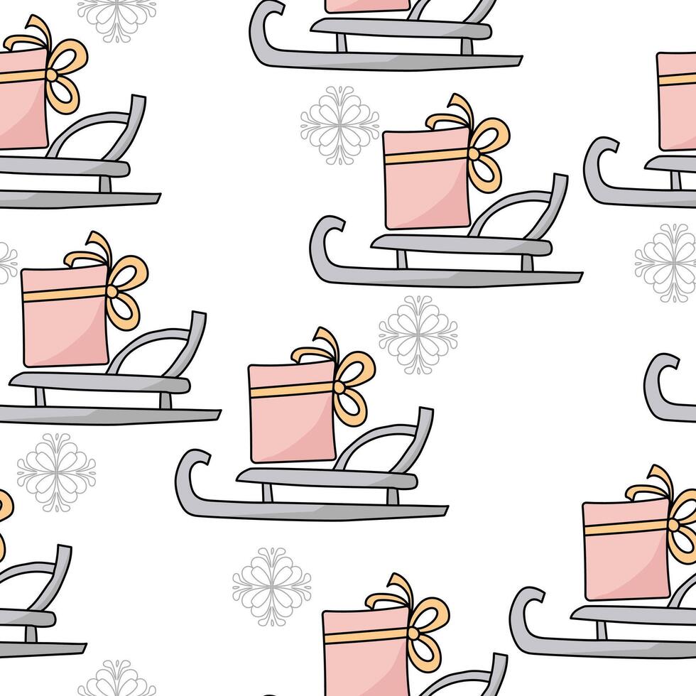 Seamless pattern simple doodle sledges of gray color with pink gift box and gray snowflakes on a white background, christmas attributes vector