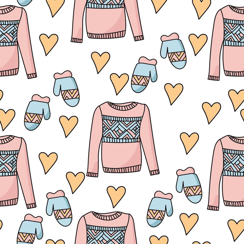 Seamless pattern with winter sweater and cozy mittens, doodle hearts on white background, christmas winter set vector