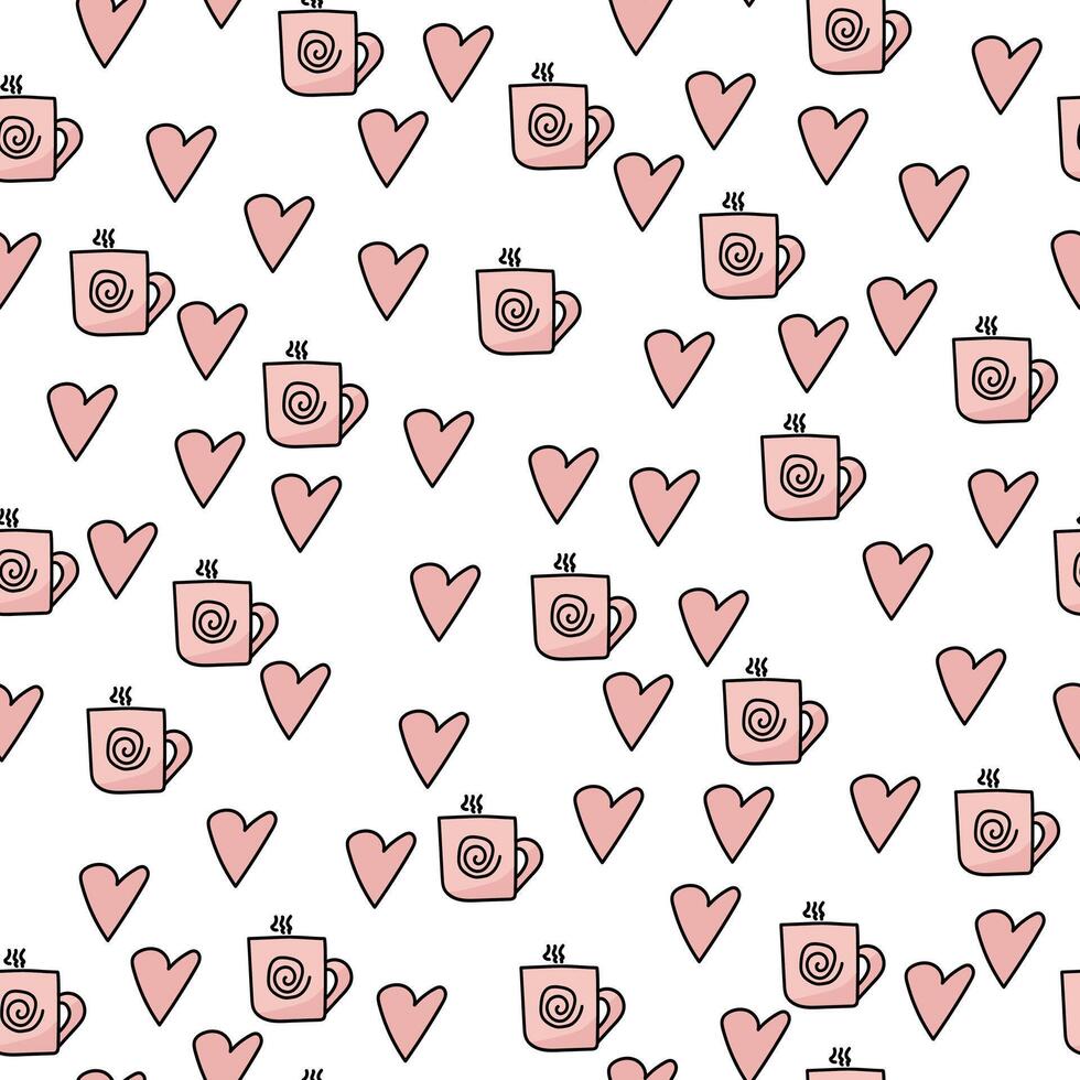 Doodle cup seamless pattern with spiral decor and pink hearts on a white background, festive drink vector