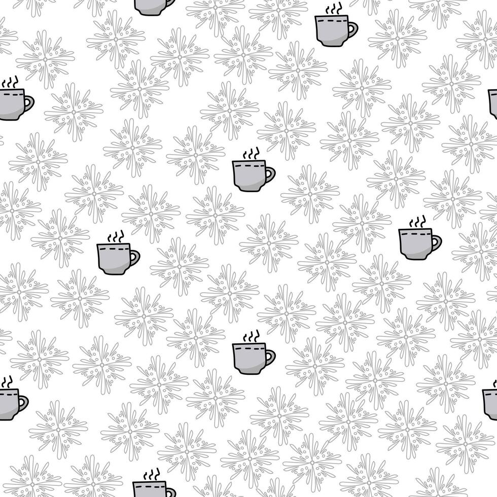 Seamless pattern doodle hot drink in a gray cup and twisted snowflakes around, winter festive mood vector