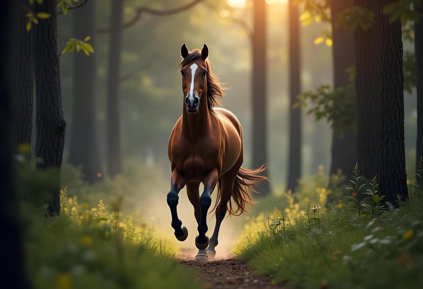 a horse running through the woods at sunset photo