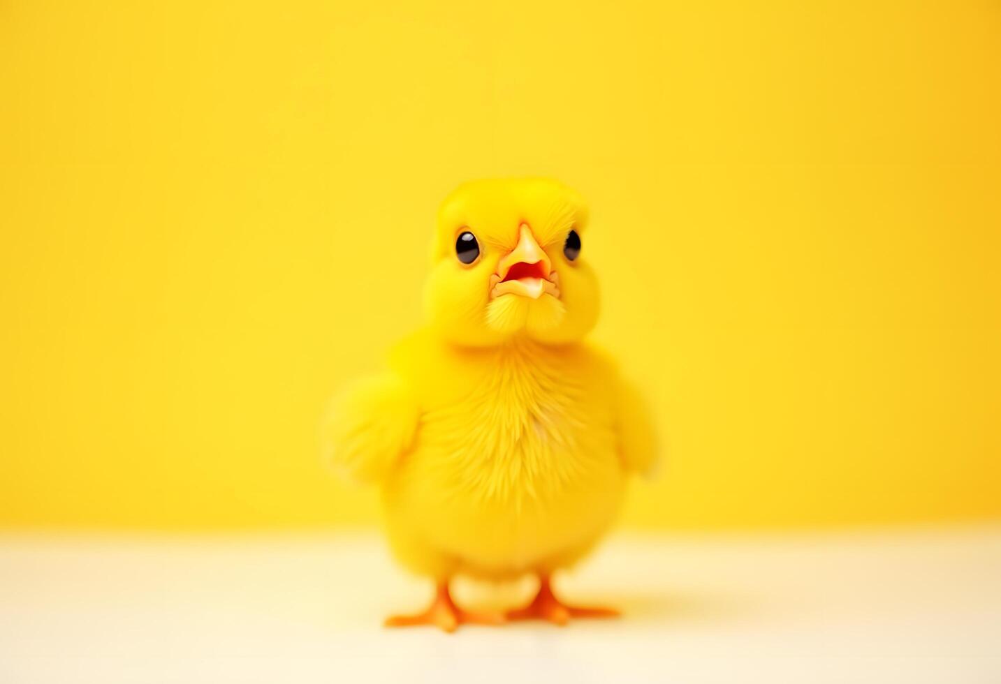 A small yellow chicken standing on a yellow background photo