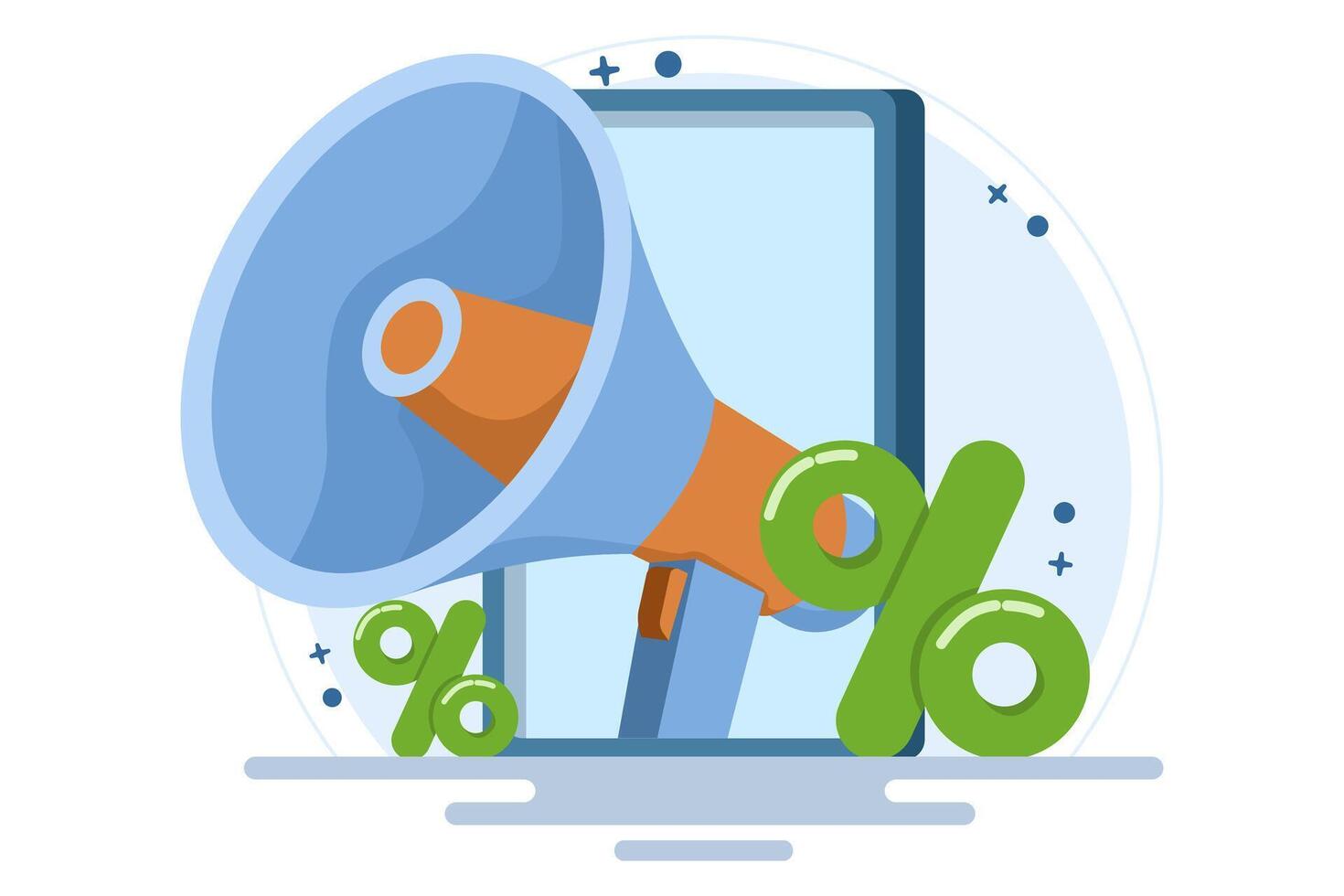 The concept of using a loudspeaker to communicate with customers about discounts and sales. Social media promotion and advertising concept. Flat illustration on the background. vector