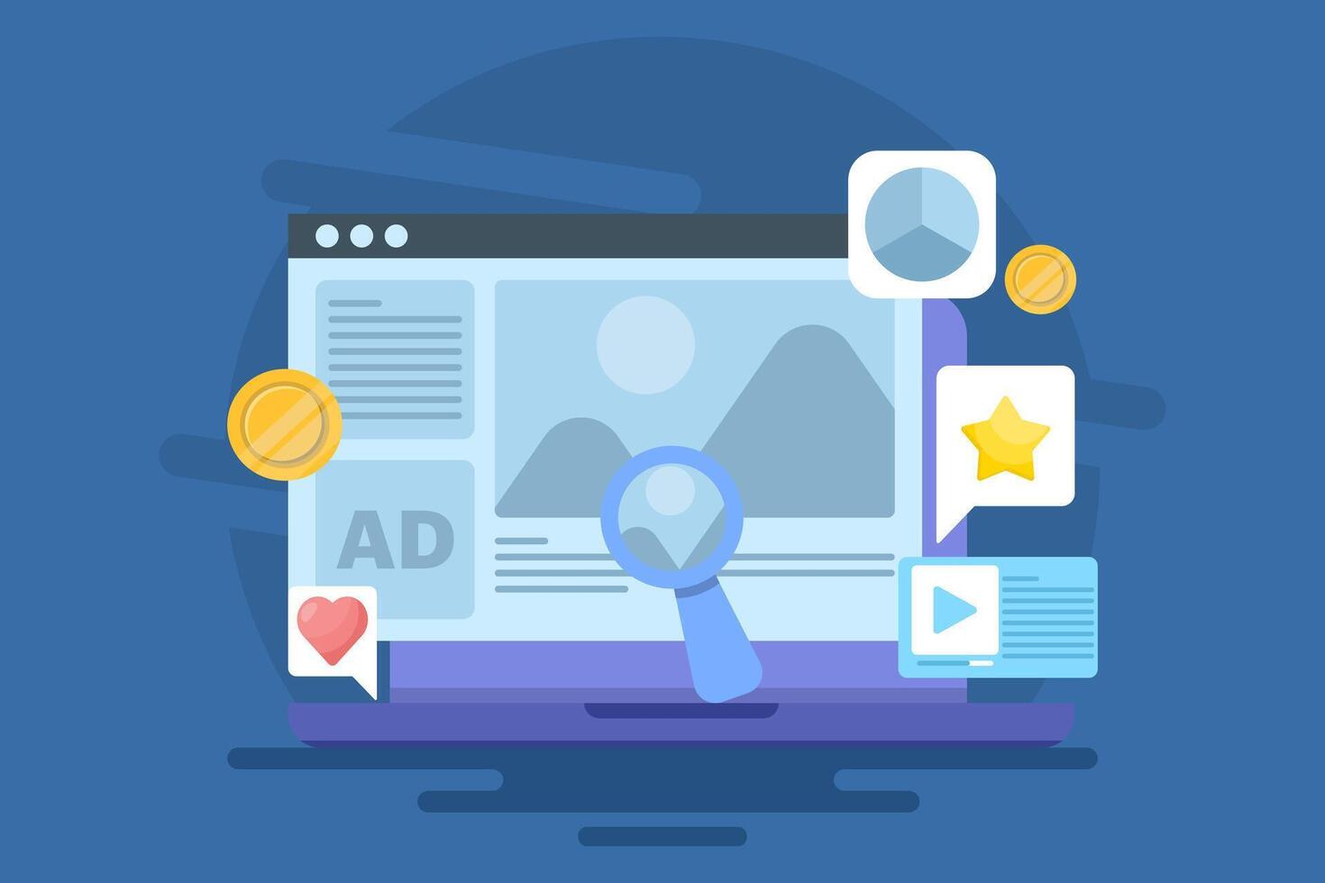 Blog concept making money from advertising campaigns, Blog in advertising content, Blog making money online, Digital marketing for blogs, flat illustration on background. vector