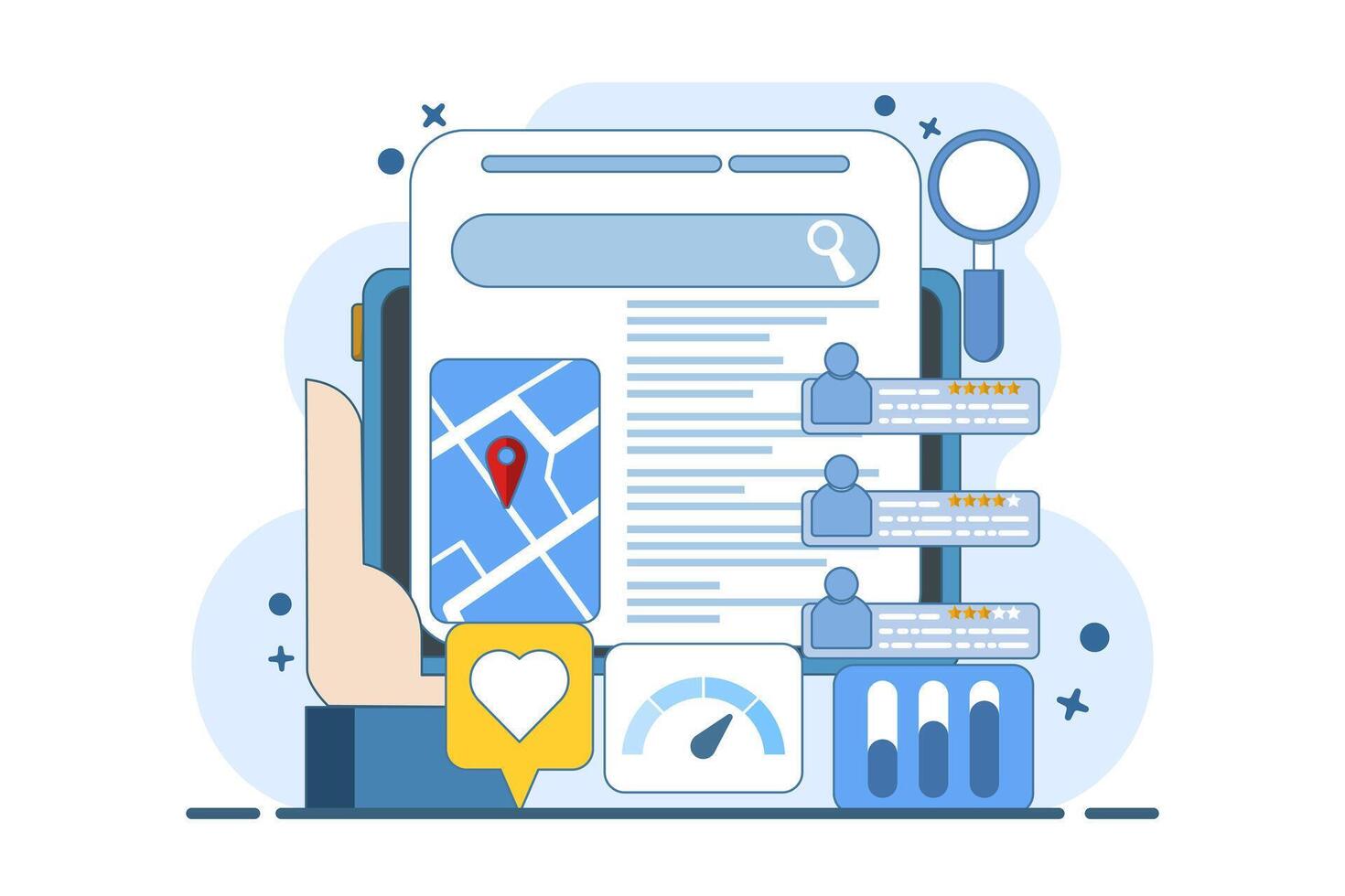 SEO map optimization concept, Business appears on search engine results page with location and customer ranking, Business listing on search engine, illustration with background. vector
