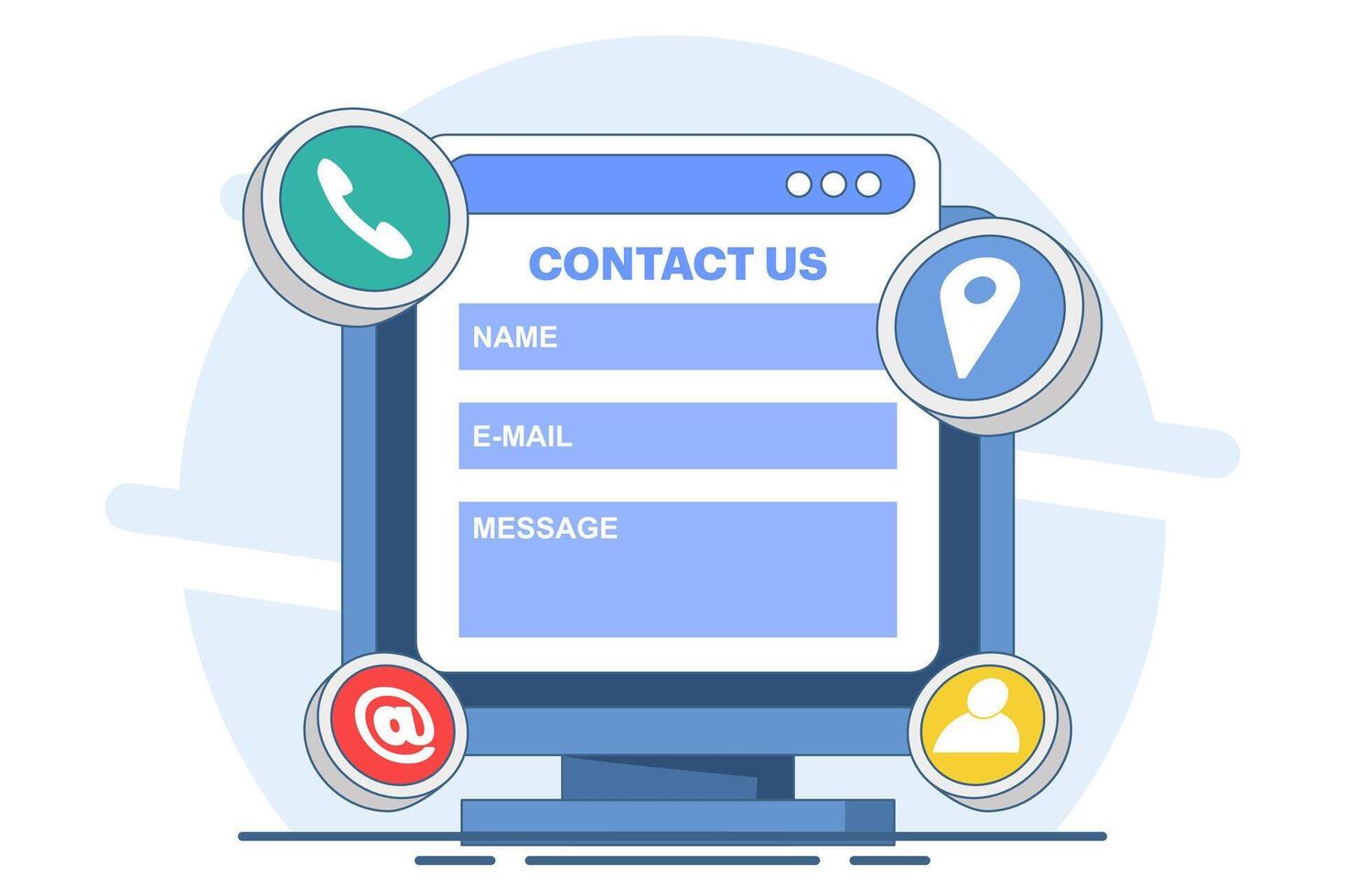 Contact Us form concept on laptop screen flat illustration for web banner, mobile app, landing page, business presentation, website banner, Customer Support, customer service, online support, help. vector