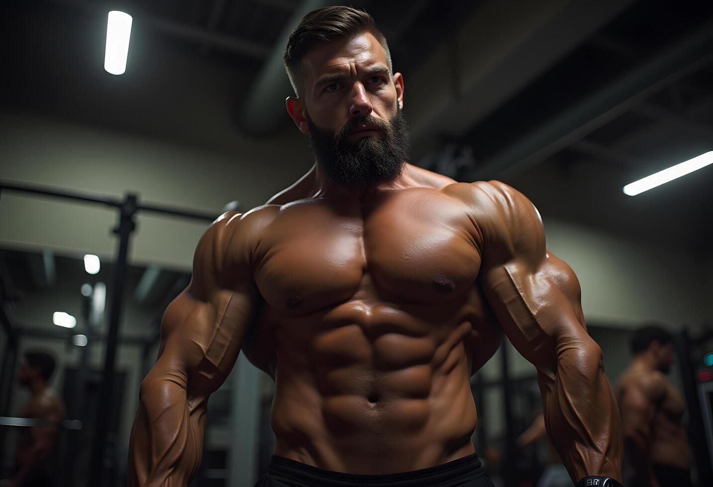 A man with a beard and muscular body in a gym photo