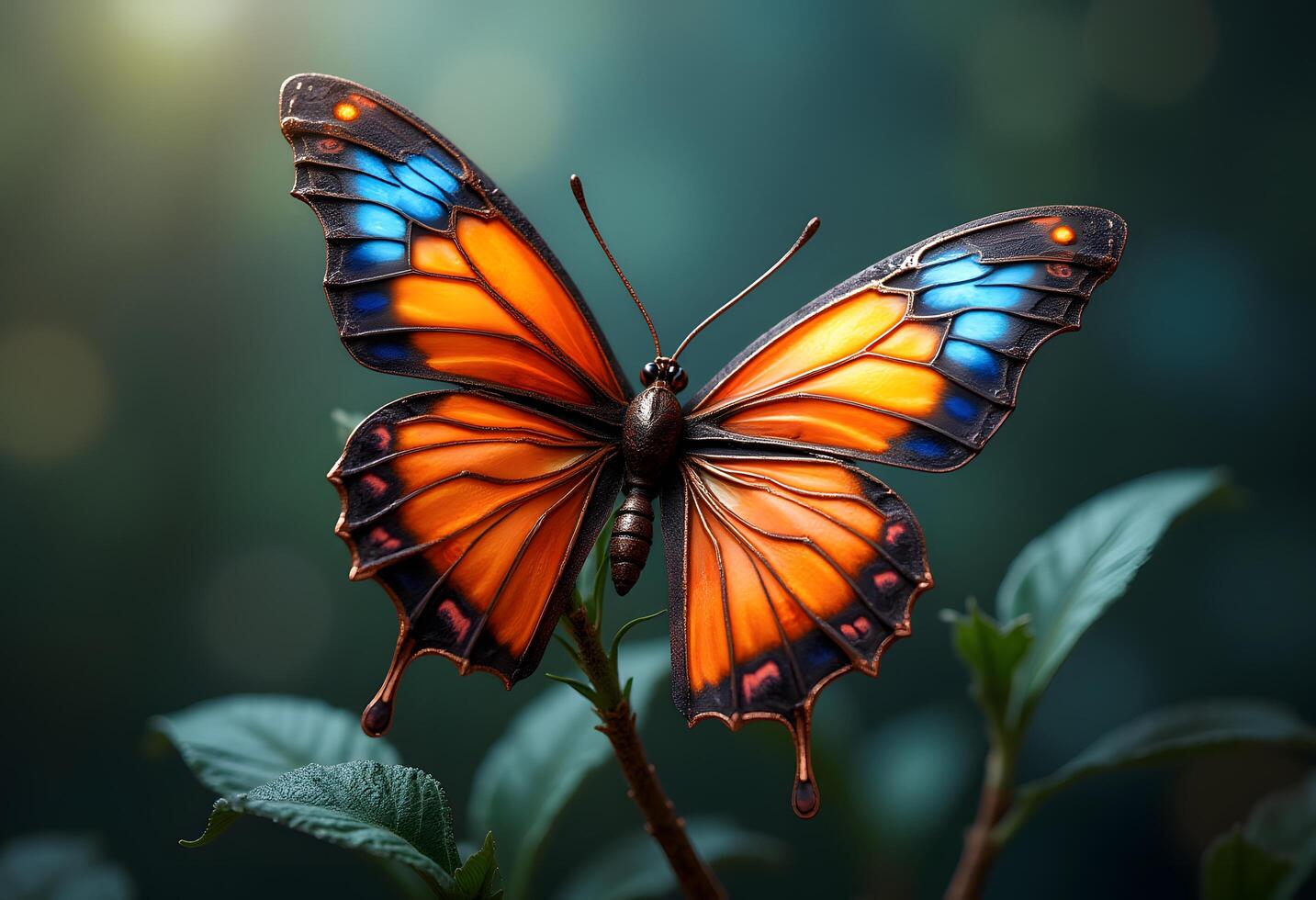 A butterfly with orange and blue wings is sitting on a plant photo