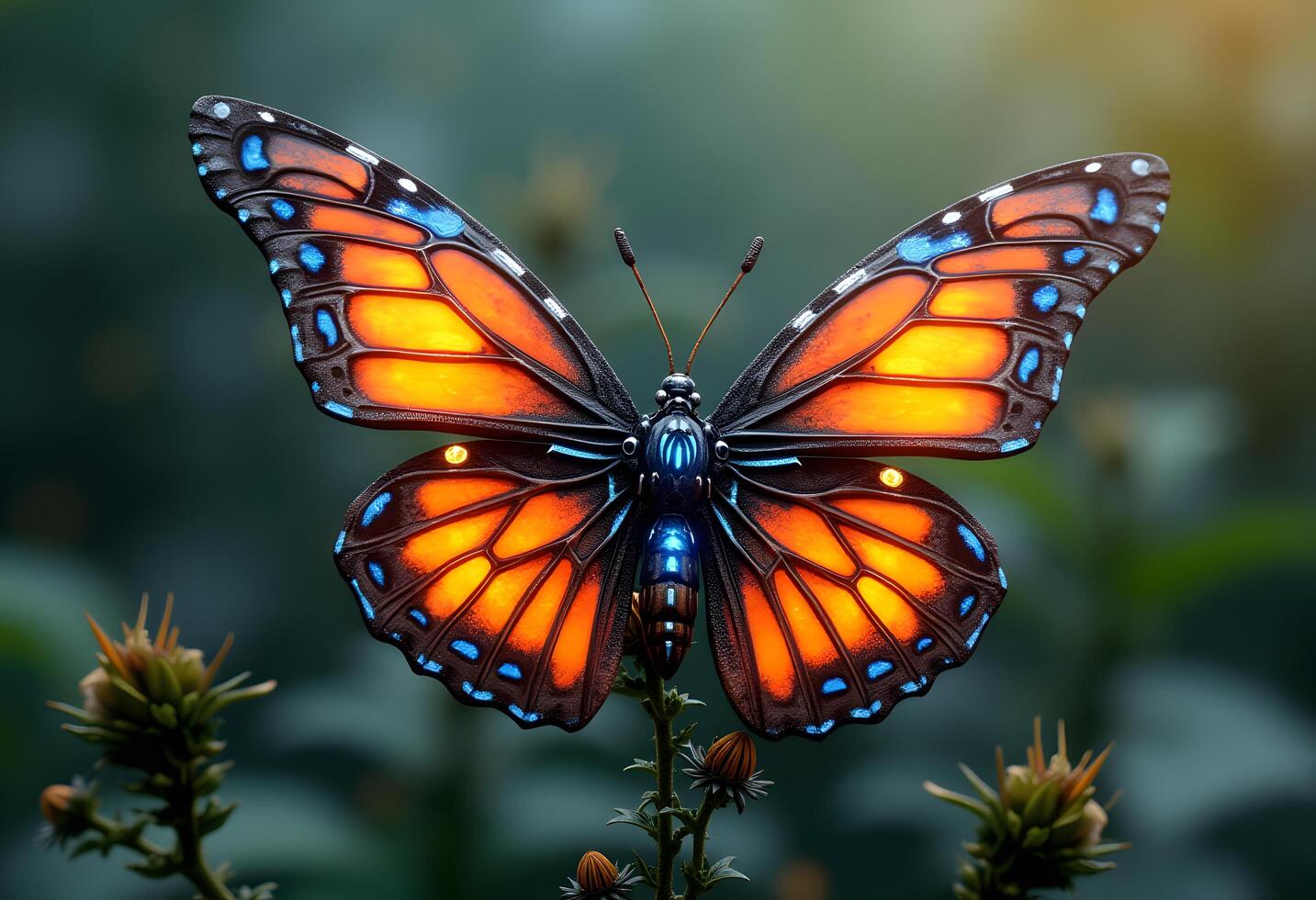 A butterfly with orange and blue wings is sitting on a plant photo