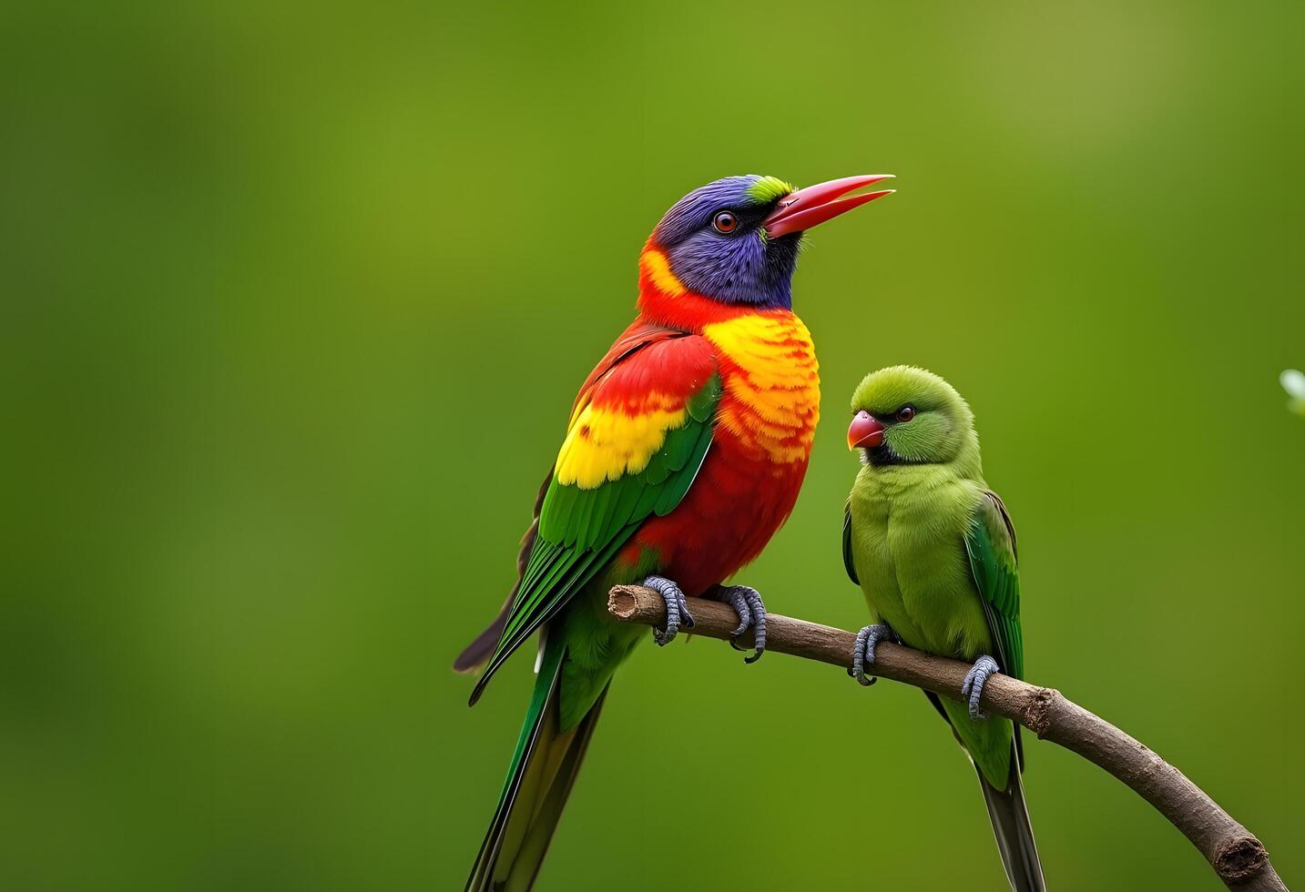 two colorful birds sitting on a branch photo