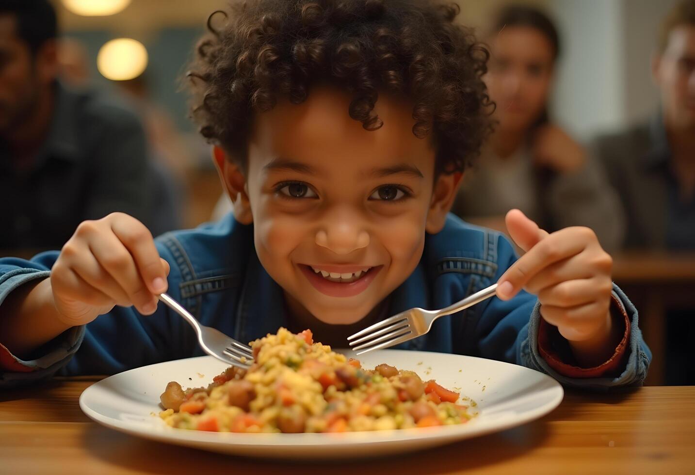 A young boy is eating a plate of food photo