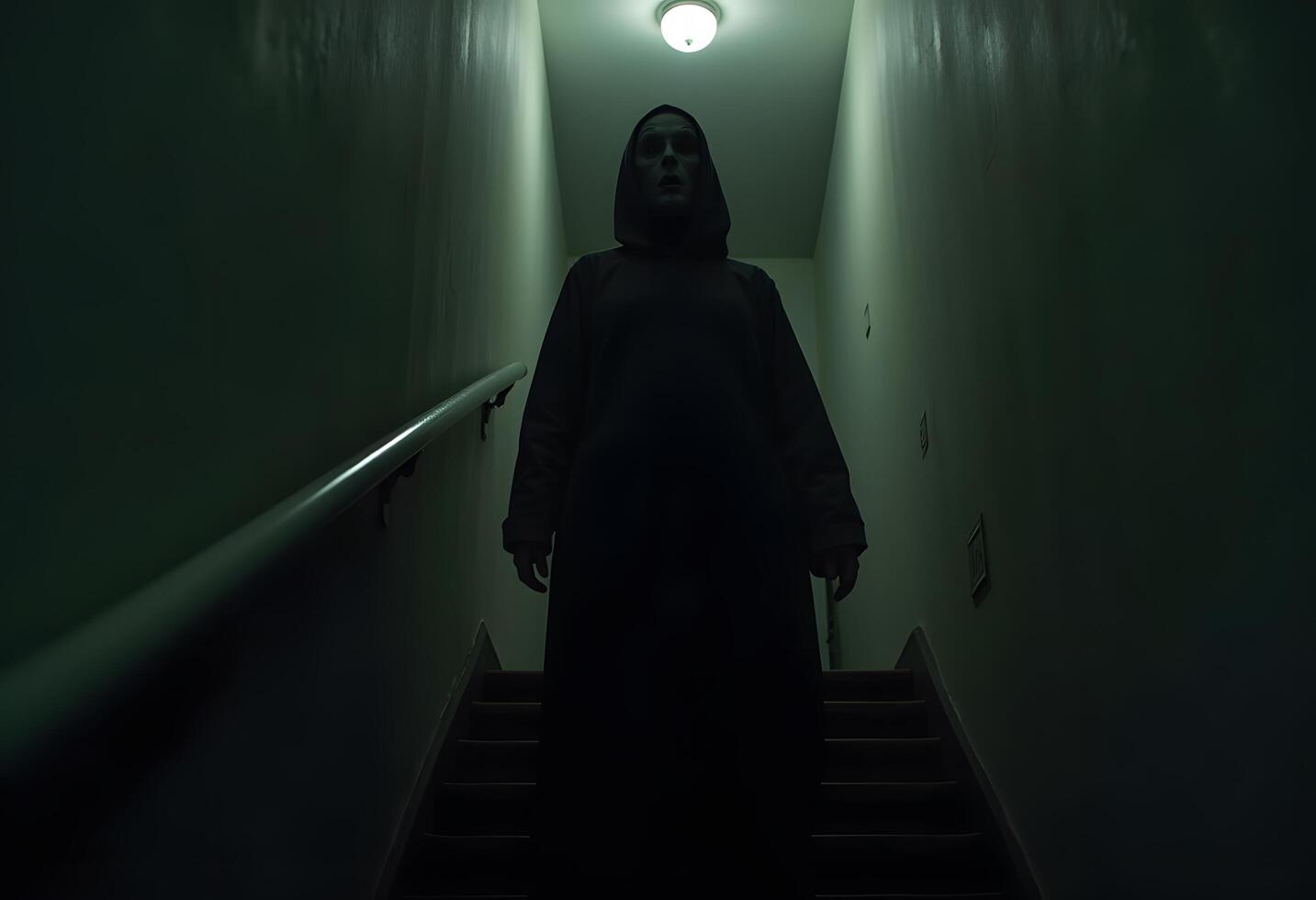 a person in a hooded robe standing on a stairway photo