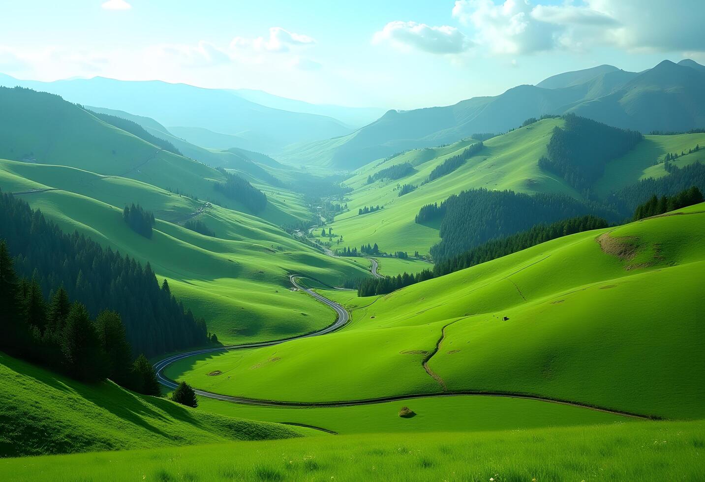 green hills and mountains with a winding road photo