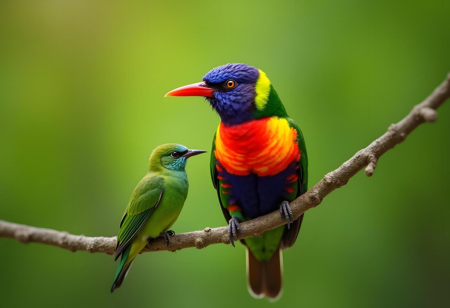 two colorful birds sitting on a branch photo