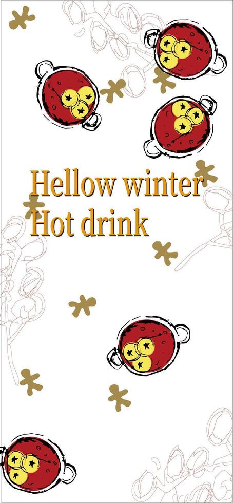A hand drawn background with a winter party theme hot drinks. mulled wine, spices, lemon slices, apple slices and gingerbread figurine above vector