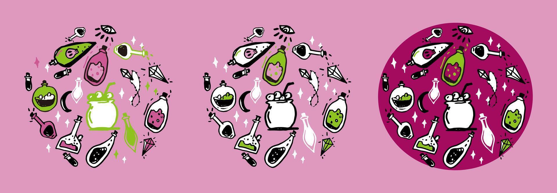 Hand drawn joyful magic potion, pot crystal pendant and moon halloween theme round background image vector