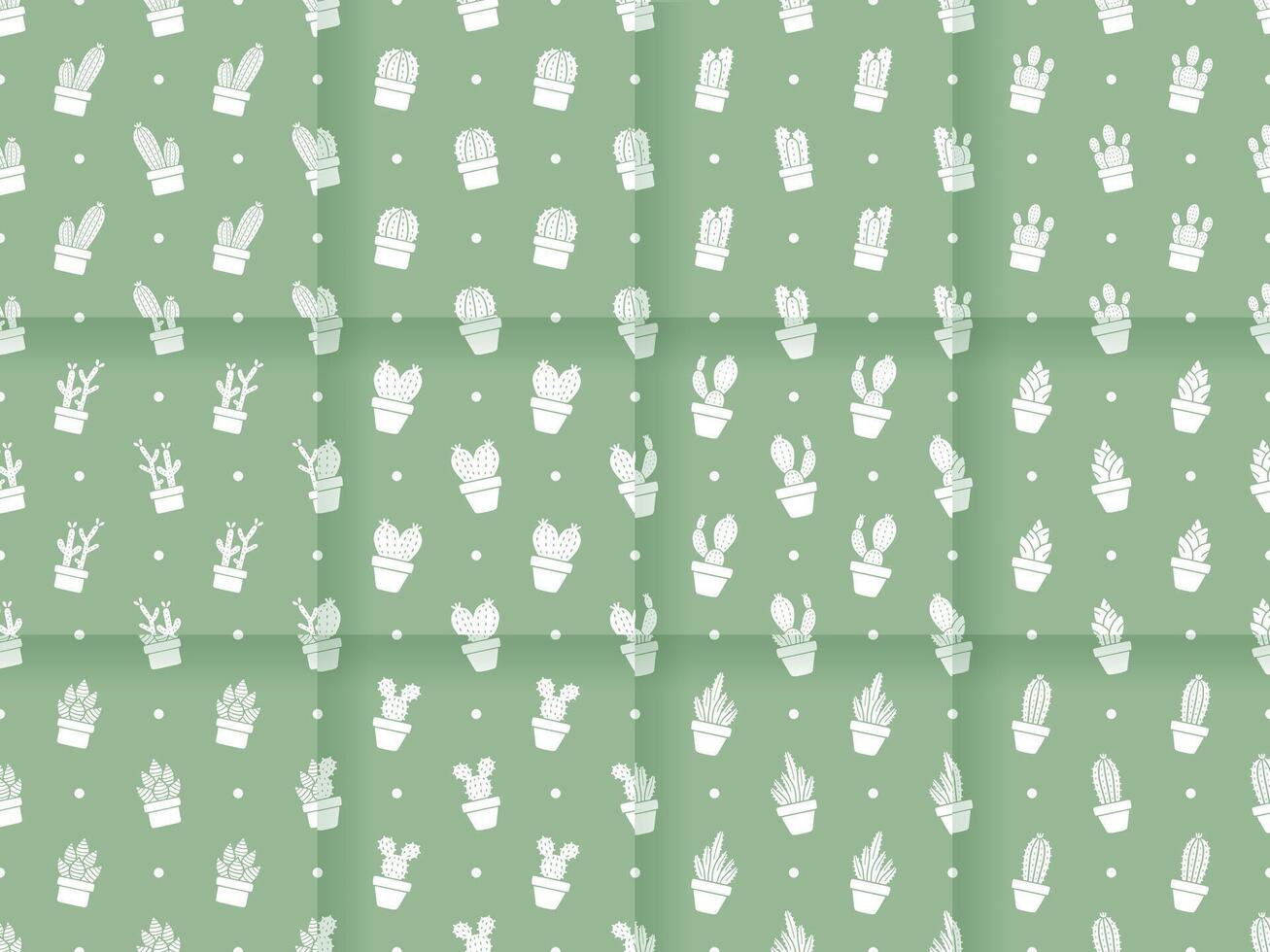 Collection of Seamless patterns of Cactus cartoon doodle on green background, . vector
