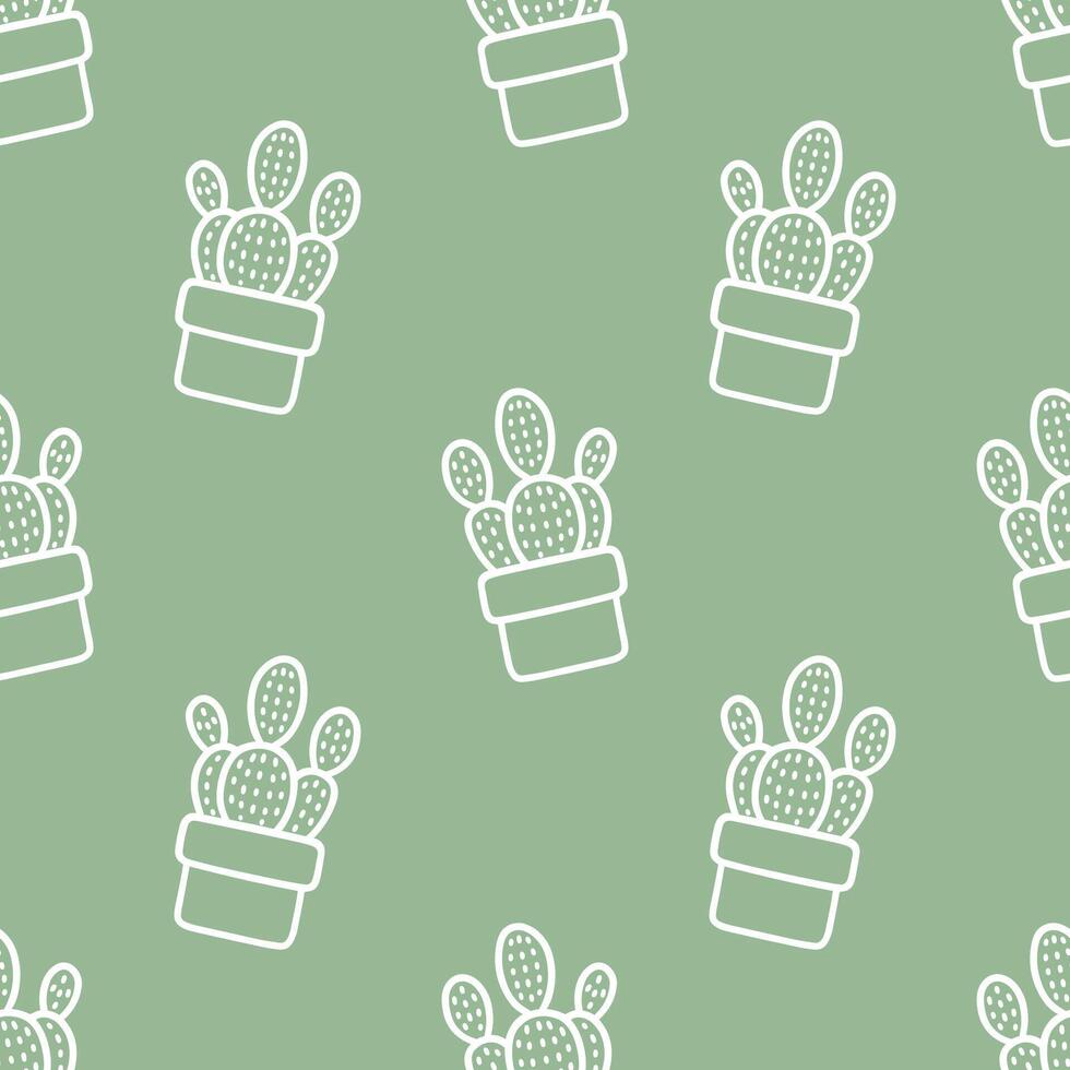 Seamless patterns of Cactus cartoon outline doodle on green background, . vector