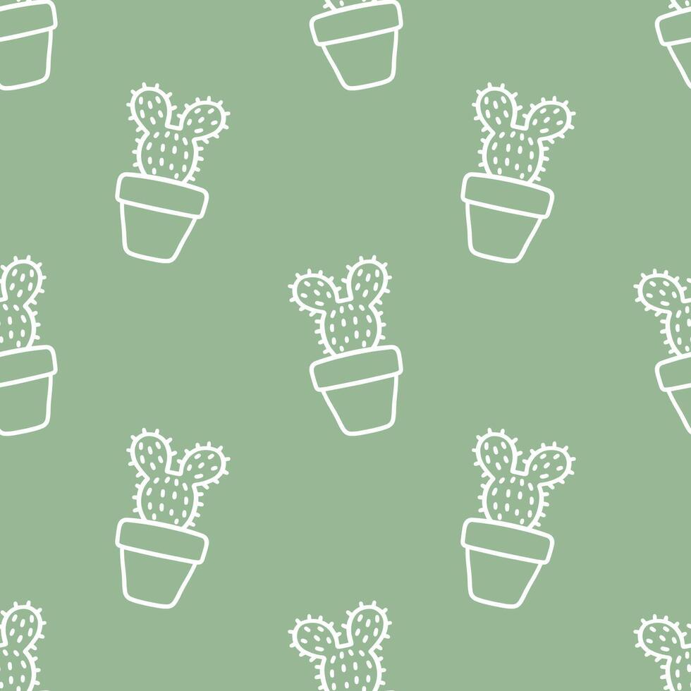 Seamless patterns of Cactus cartoon outline doodle on green background, . vector