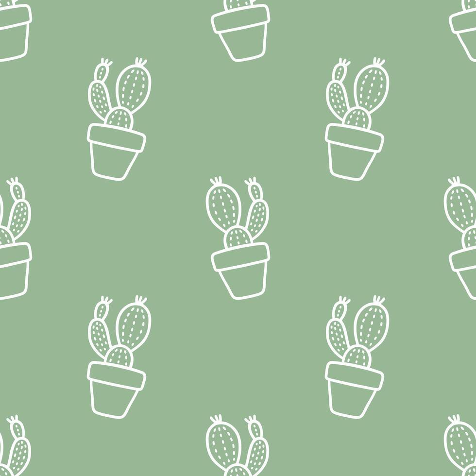 Seamless patterns of Cactus cartoon outline doodle on green background, . vector