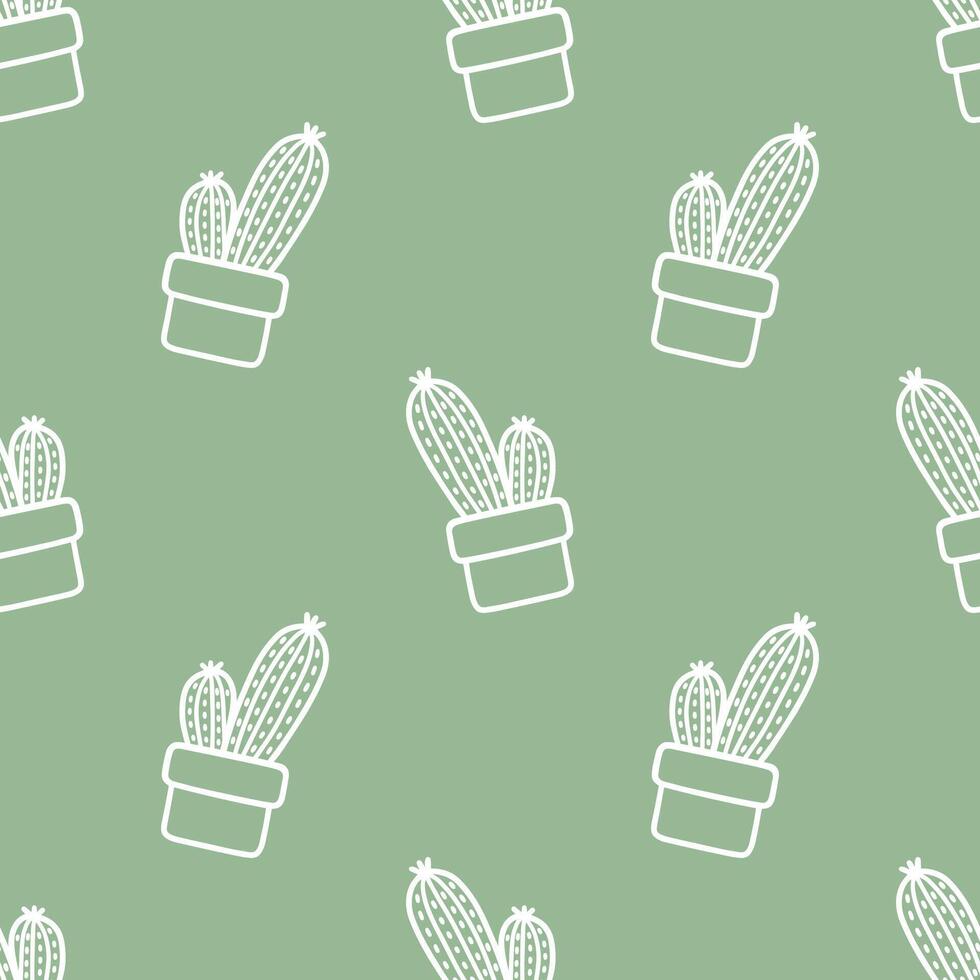 Seamless patterns of Cactus cartoon outline doodle on green background, . vector