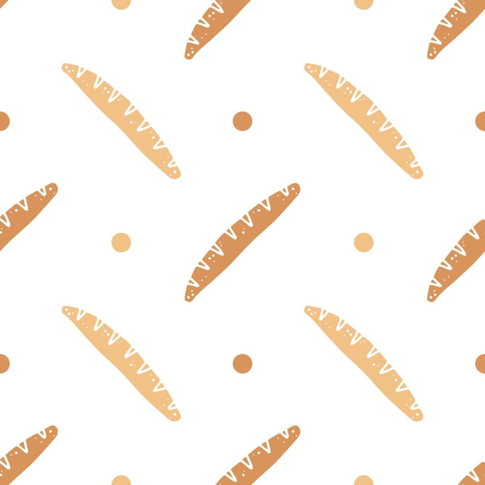 Baguette bread hand drawn cartoon seamless pattern. vector