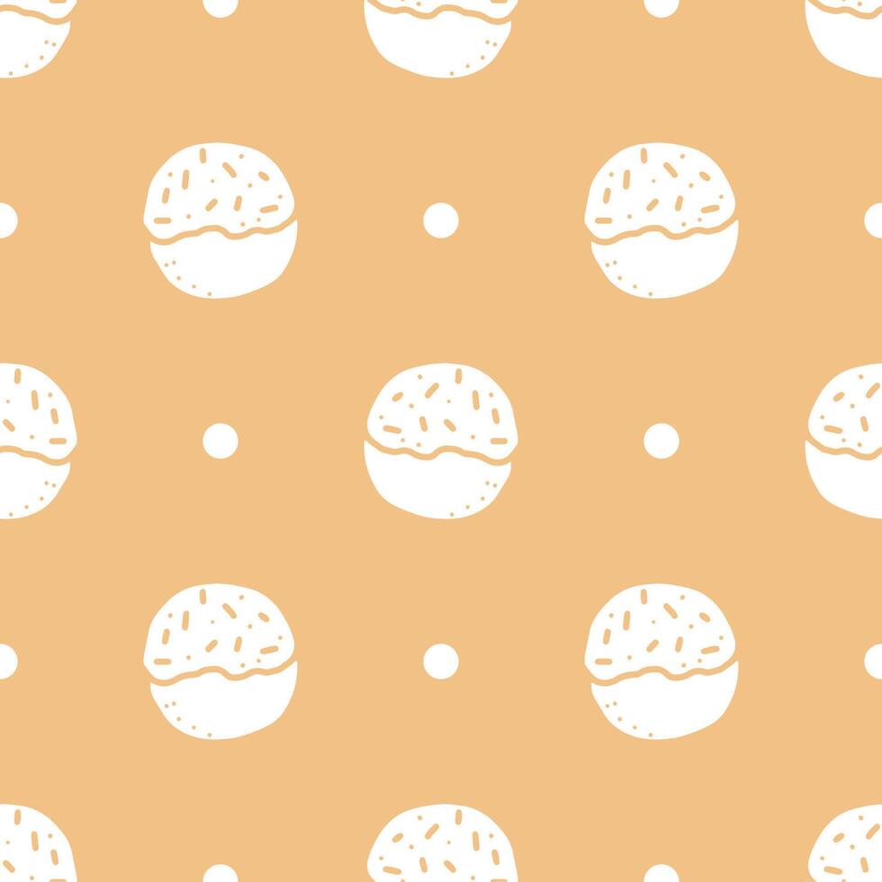 White ball shape bread with topping, cartoon hand drawn seamless patterns. vector