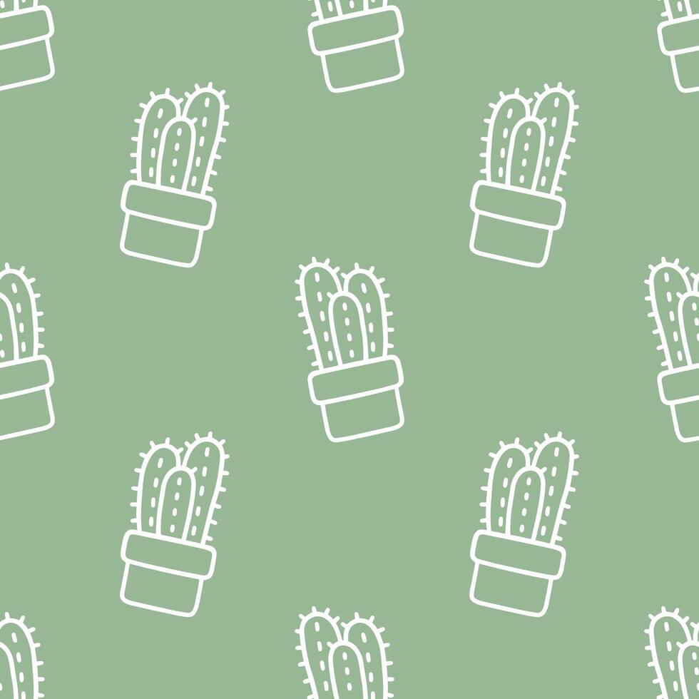 Seamless patterns of Cactus cartoon outline doodle on green background, . vector