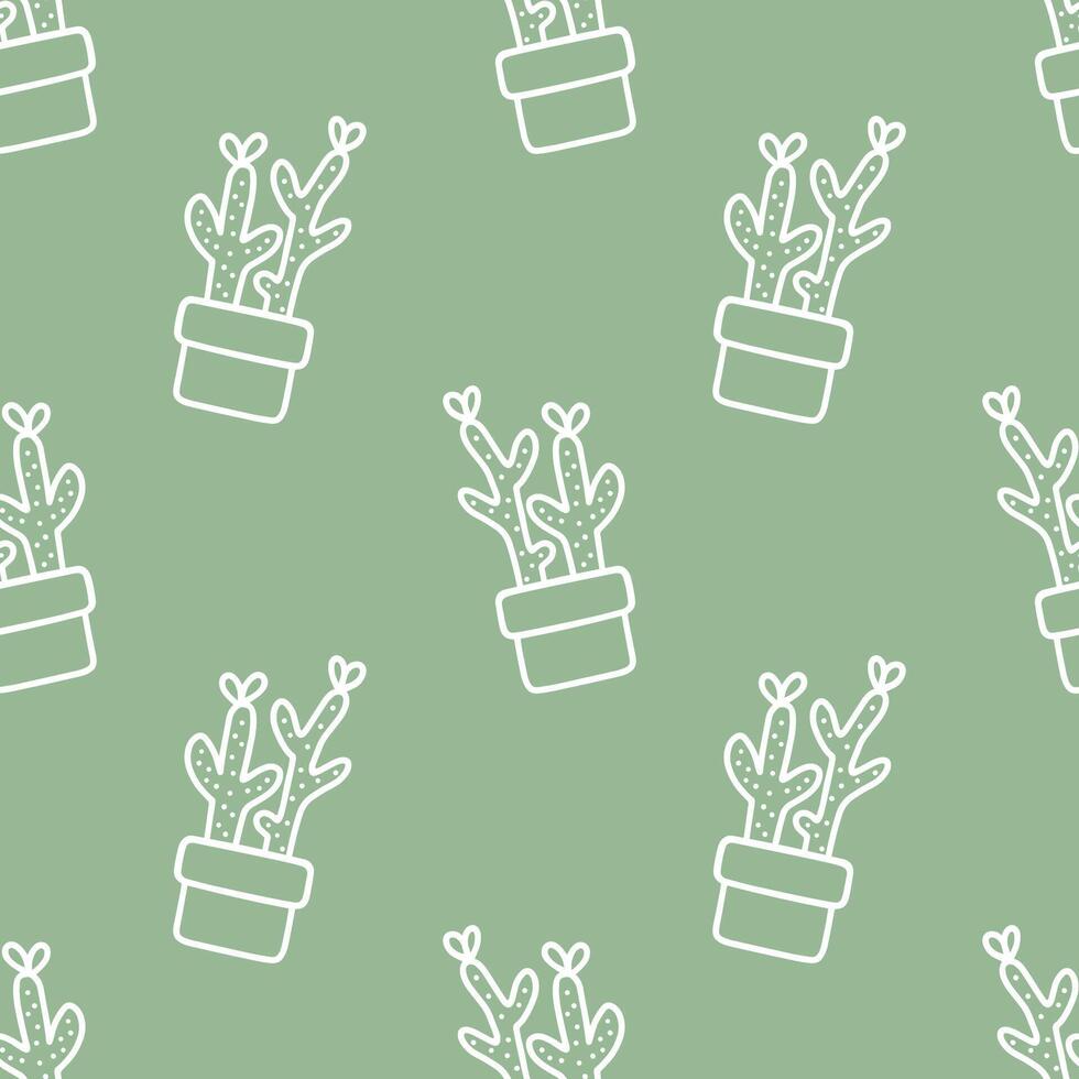 Seamless patterns of Cactus cartoon outline doodle on green background, . vector