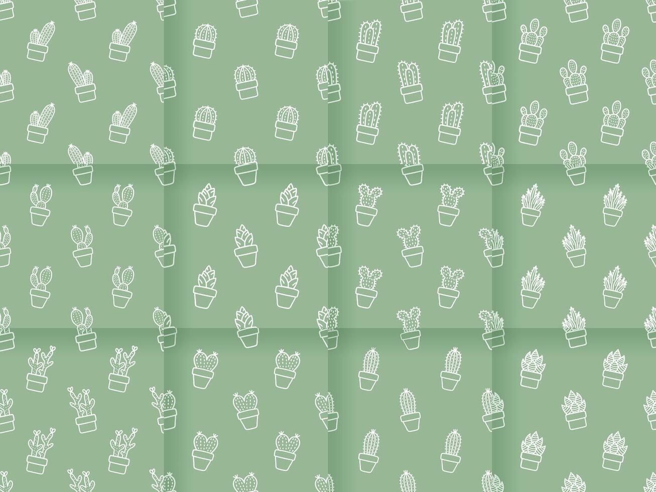Collection of Seamless patterns of Cactus cartoon outline doodle on green background, . vector