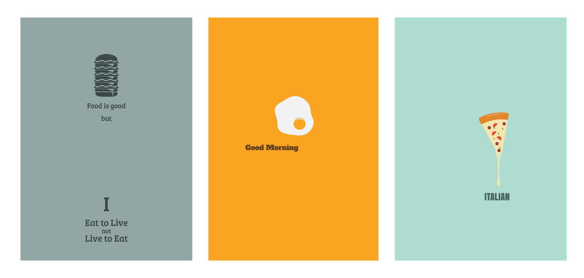 Three distinct book covers featuring various types of food, showcasing vibrant colors and appealing designs. vector