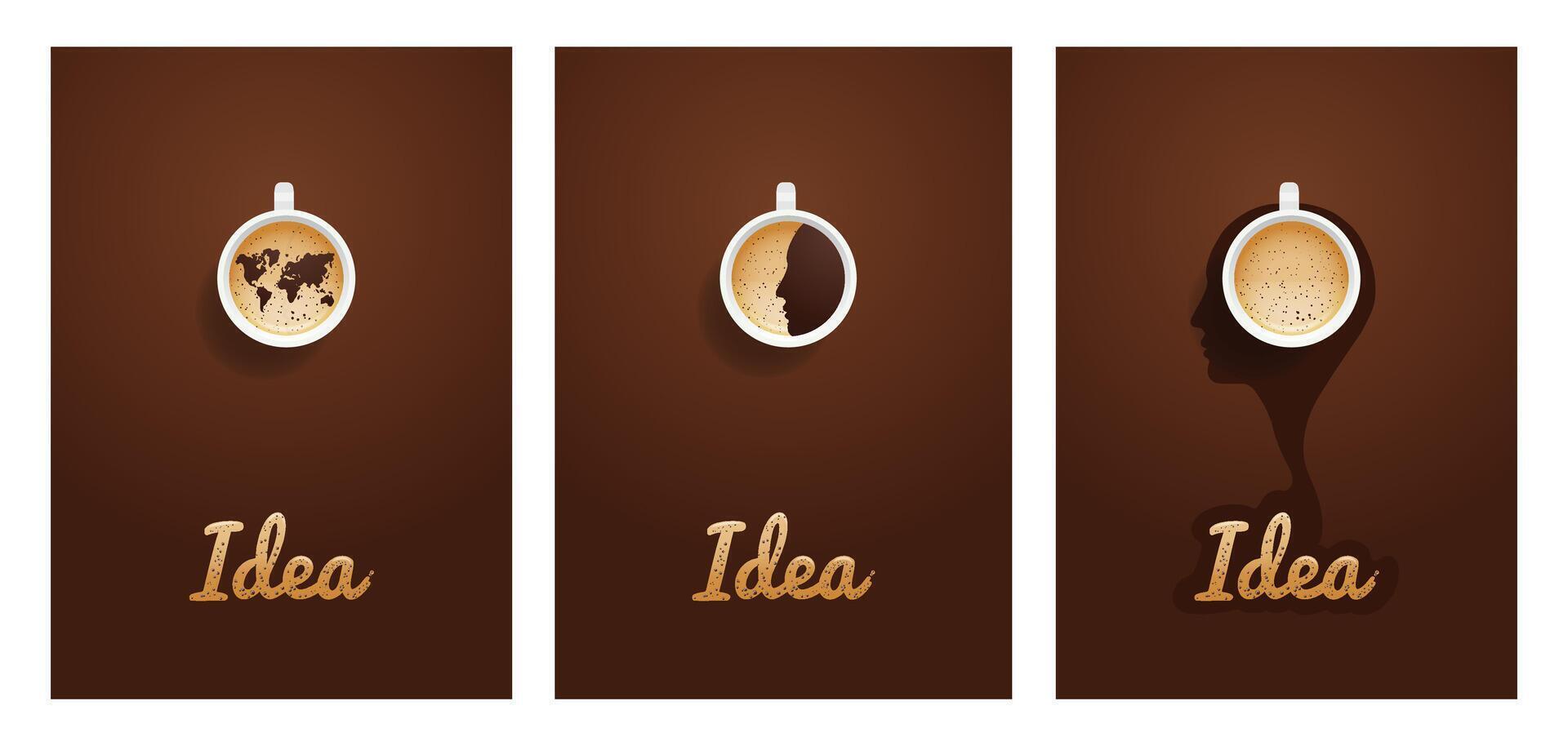 Three banners featuring coffee images alongside the word idea in a creative layout, emphasizing coffee culture and inspiration vector