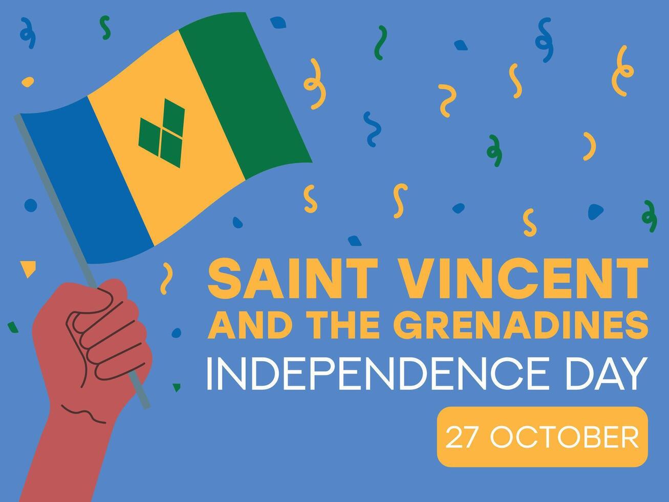 Saint Vincent and the Grenadines independence day 27 October, Saint Vincent and the Grenadines flag in hand. Greeting card, poster, banner template vector