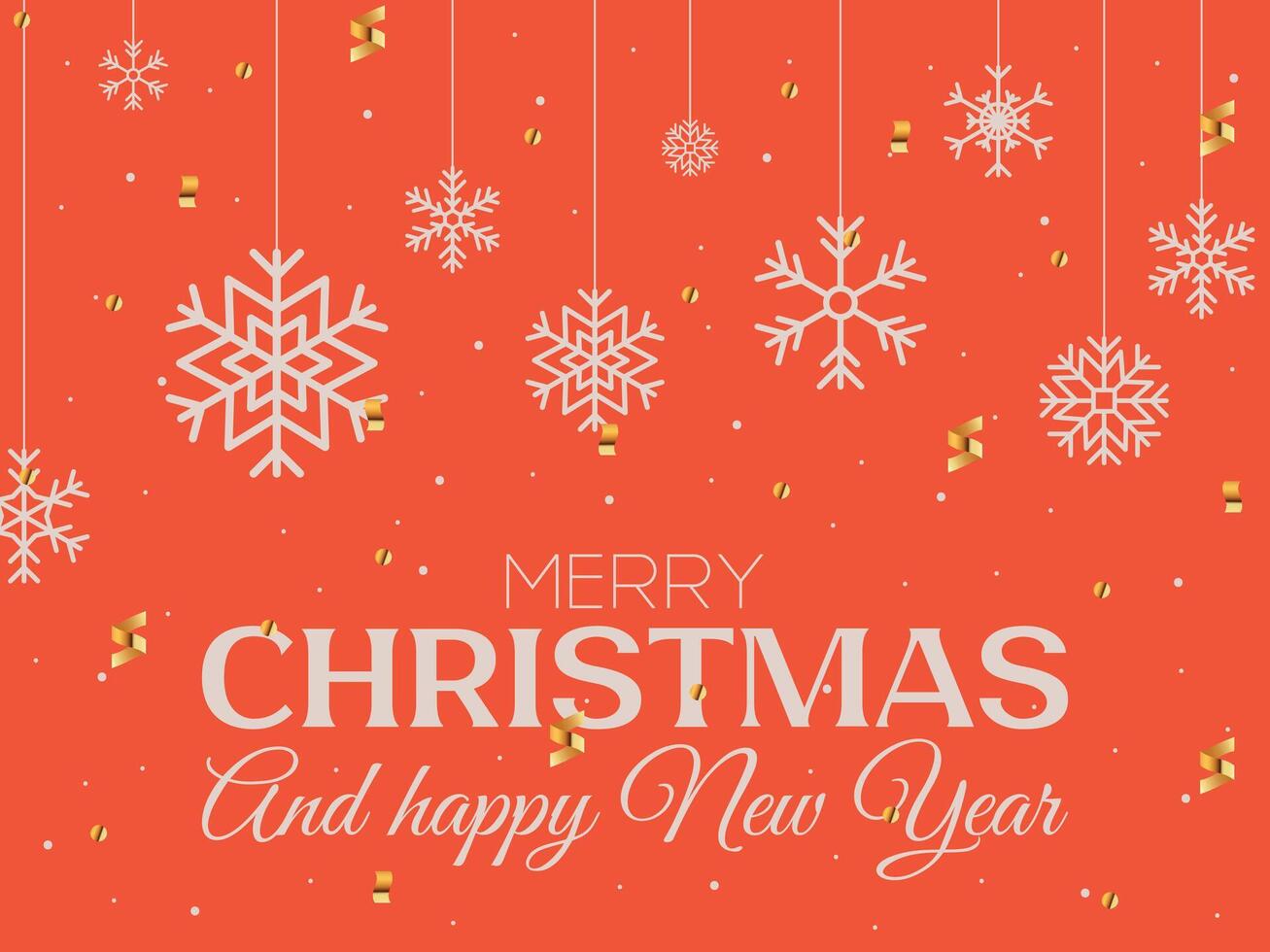 Merry Christmas and Happy New Year greeting card, Modern beautiful Xmas design with typography, snowflakes and confetti, Art banner, poster in red color, cover template vector