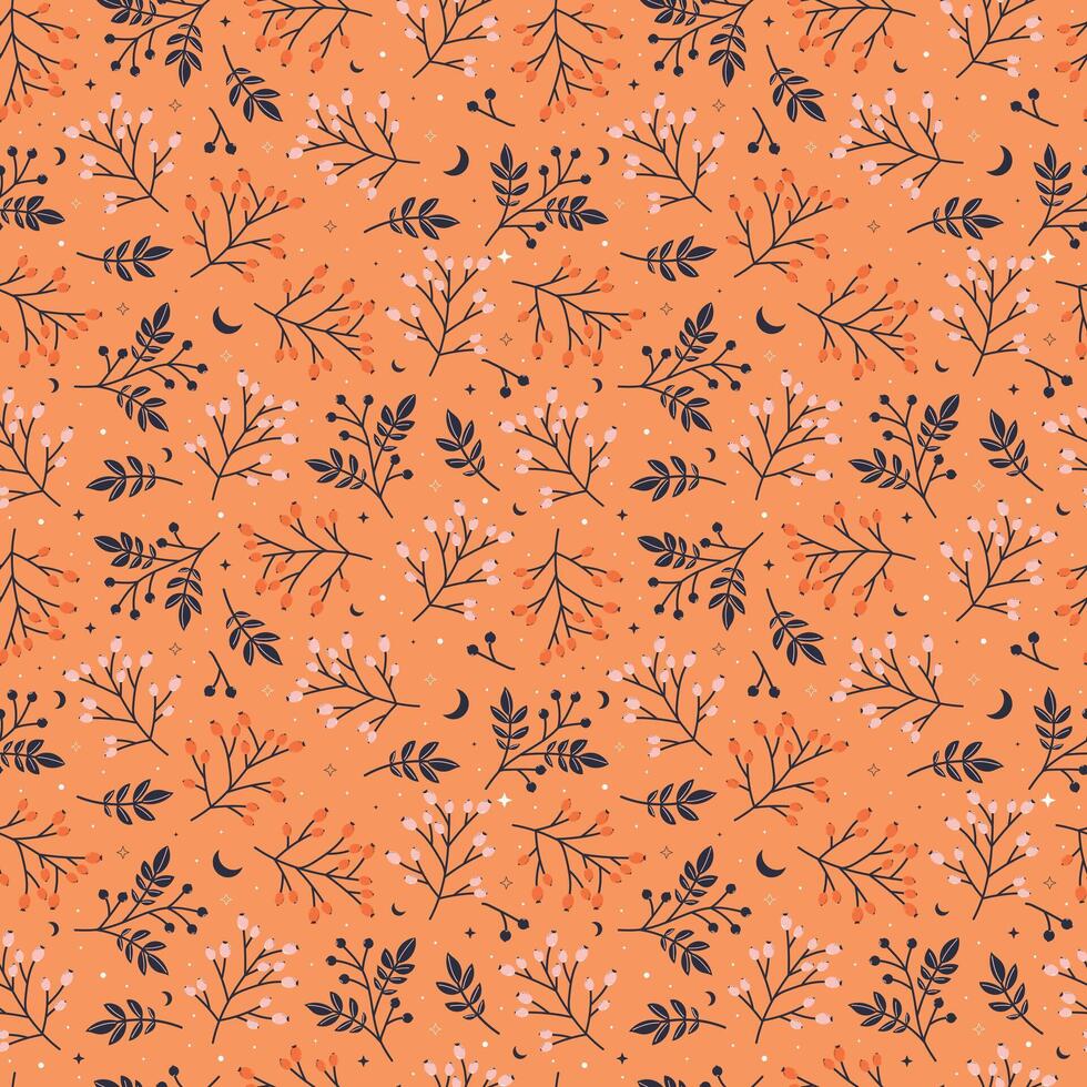 cute autumn halloween seamless pattern with branches and leaves, fall halloween cozy elements vector