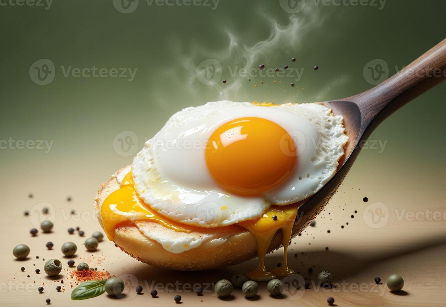 fried egg in butter on a wooden spatula photo