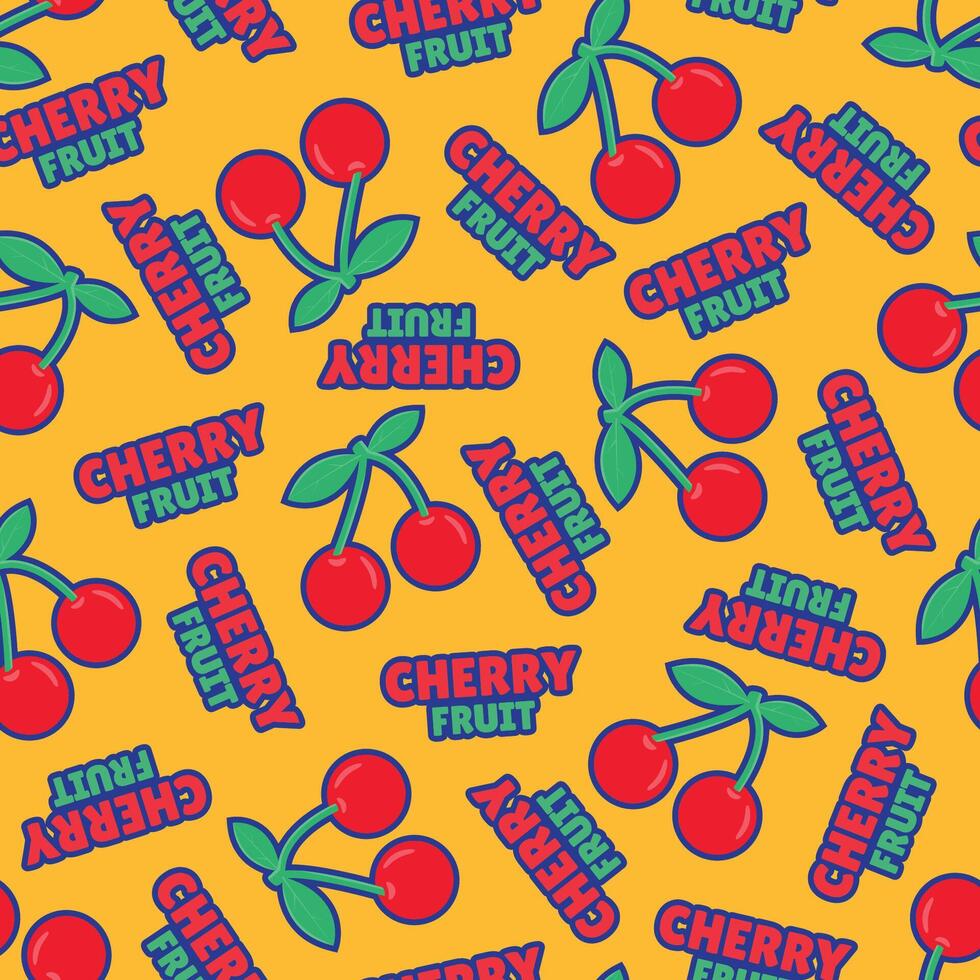 modern design seamless pattern of cartoon red cherry fruit on red yellow background vector