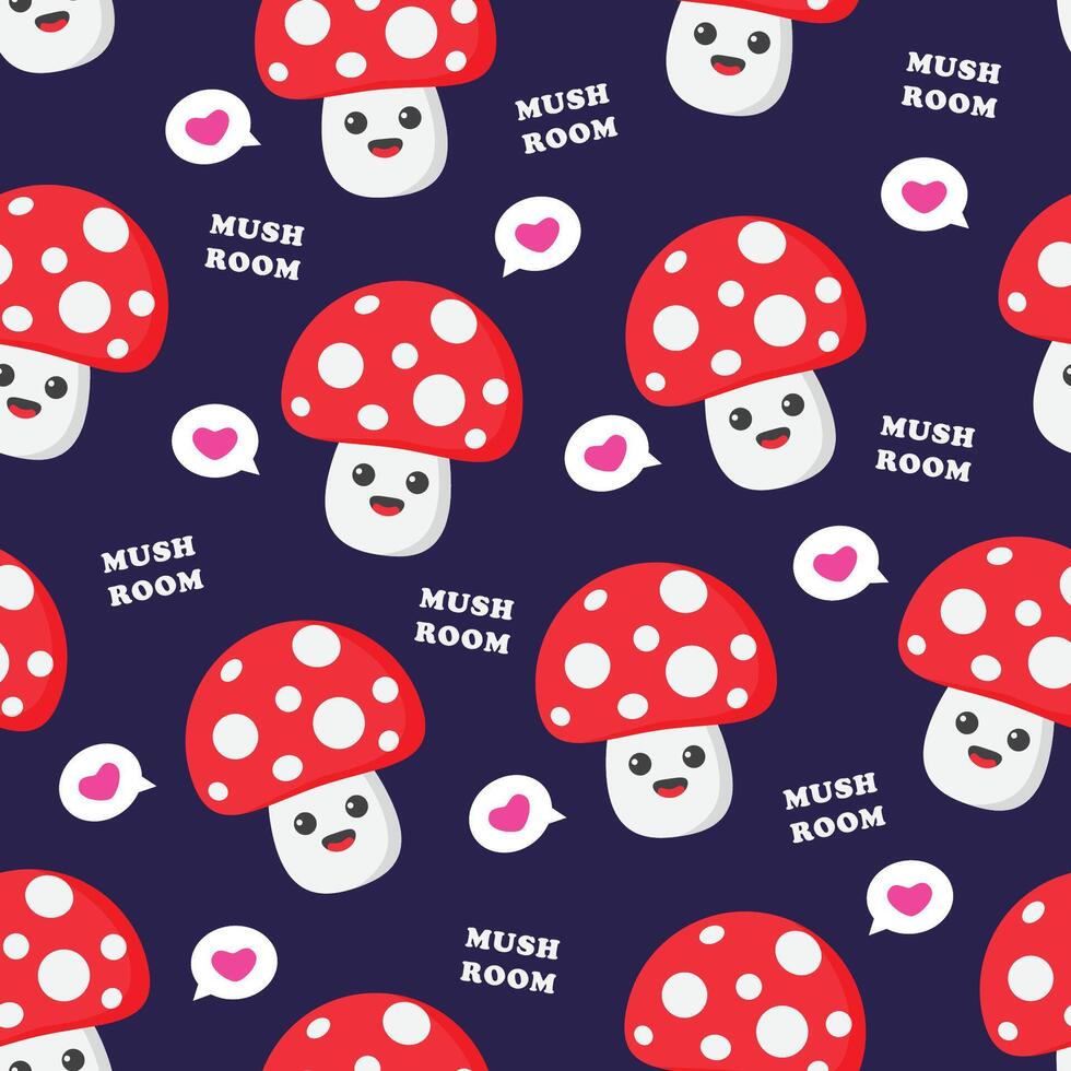 Seamless pattern of cartoon red mushrooms on dark blue background vector