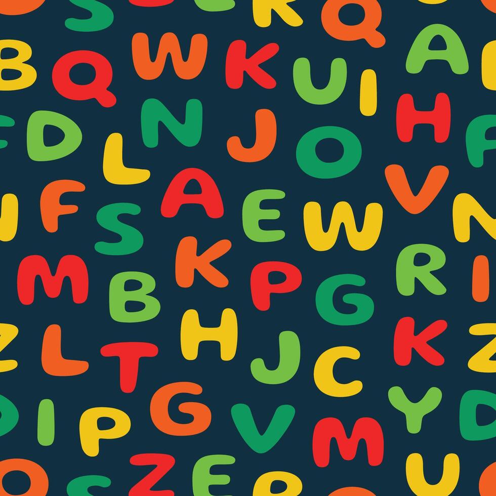 seamless pattern of colorful alphabet letters on a dark background, suitable for children's pattern design needs, for print, fashion, surfaces, wrapping paper, covers and others vector