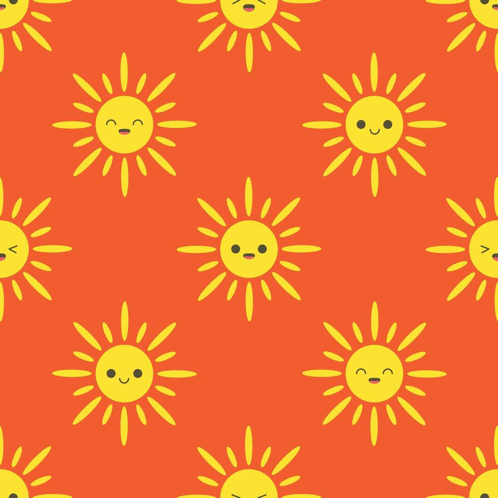 simple seamless pattern of sun characters in a minimalist style on an orange background vector