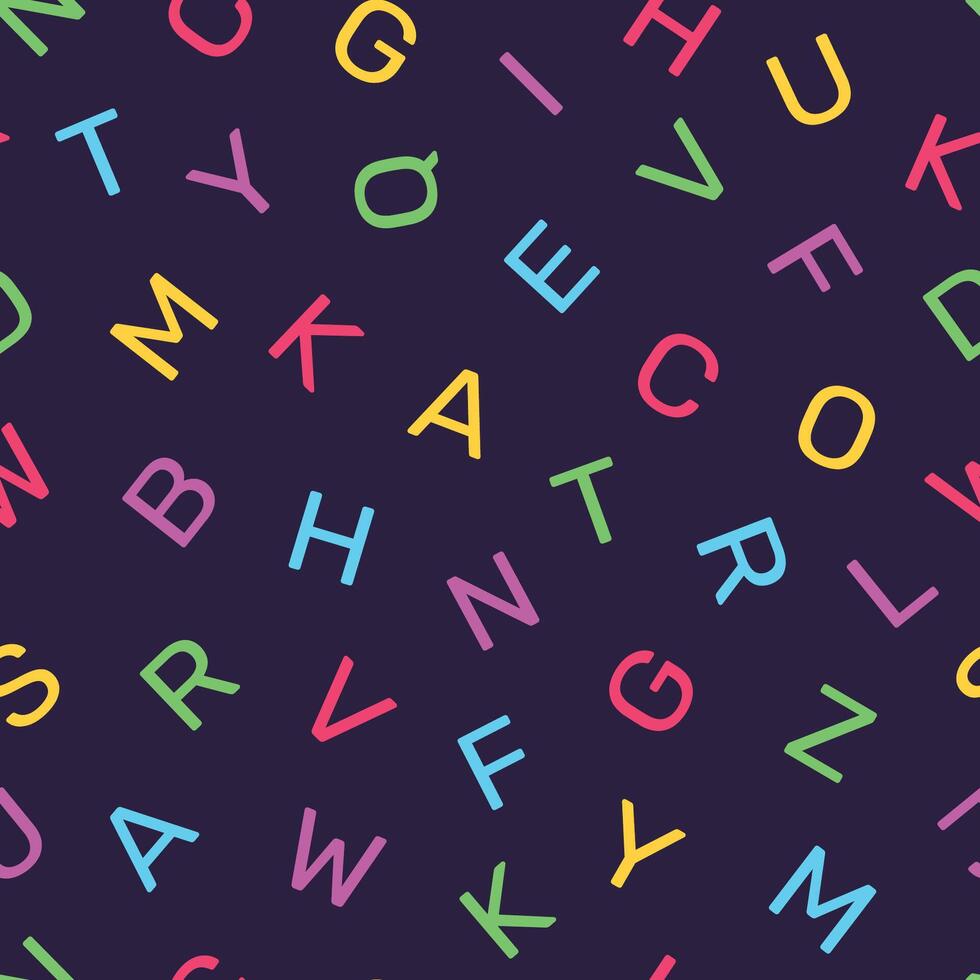 Seamless pattern of alphabet letters with a dark background, suitable for children's pattern design needs, for print, fashion, surfaces, wrapping paper, covers and others vector
