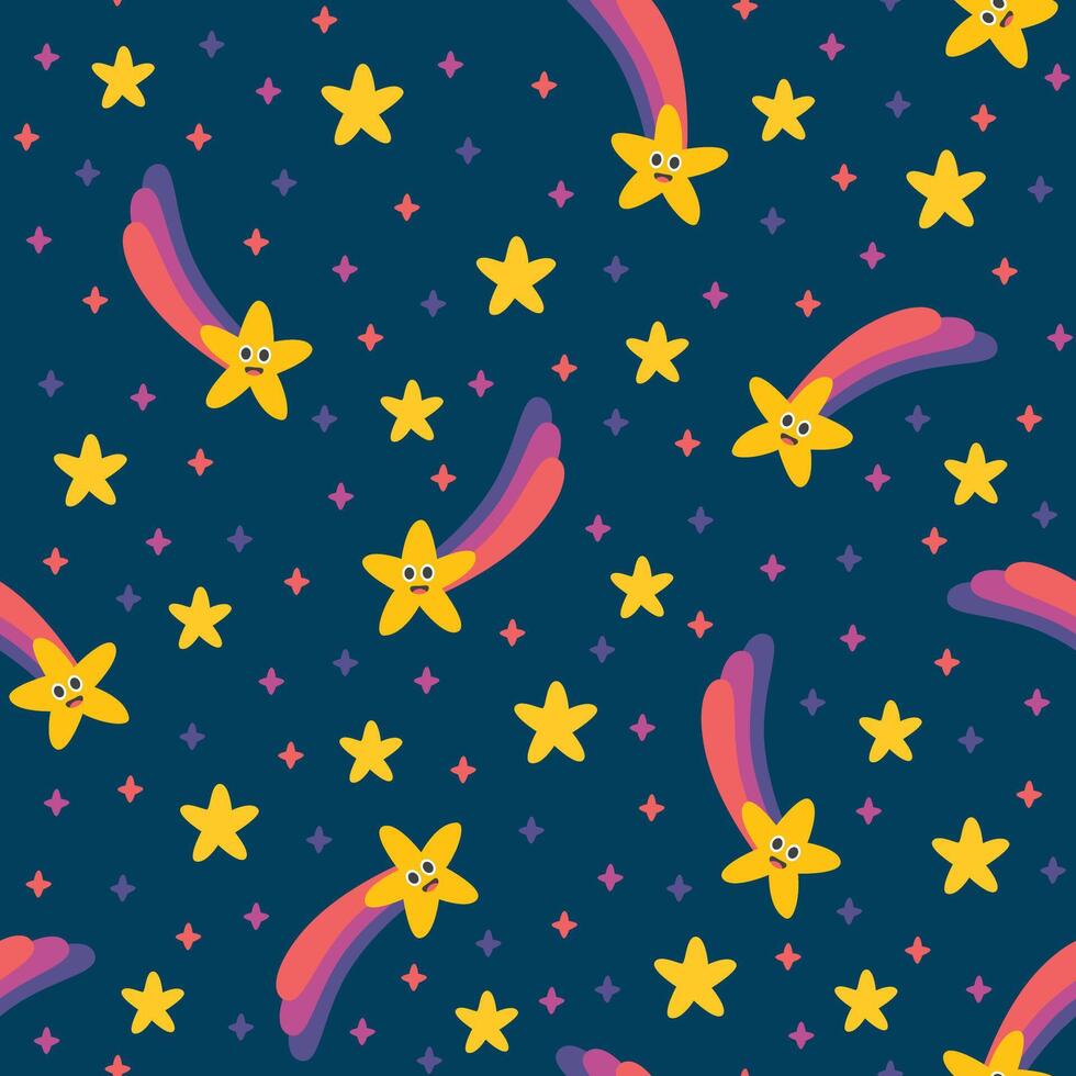 seamless pattern repeating cartoon shooting stars in outer space, suitable for children's design needs, cloth, wrapping paper, textile, cloth, digital and others vector