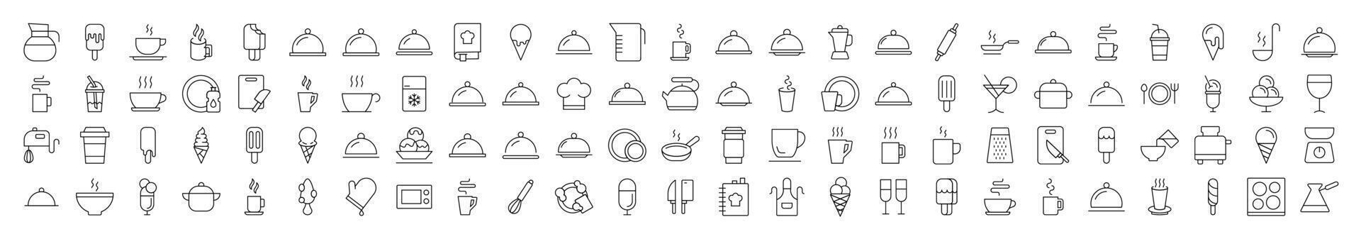 Food, Cooking and Kitchen Line Icon Collection. Modern Collection for Design, Web Sites, Apps, Cards. Contains Linear Images of Coffee, Tea, Ice Cream vector