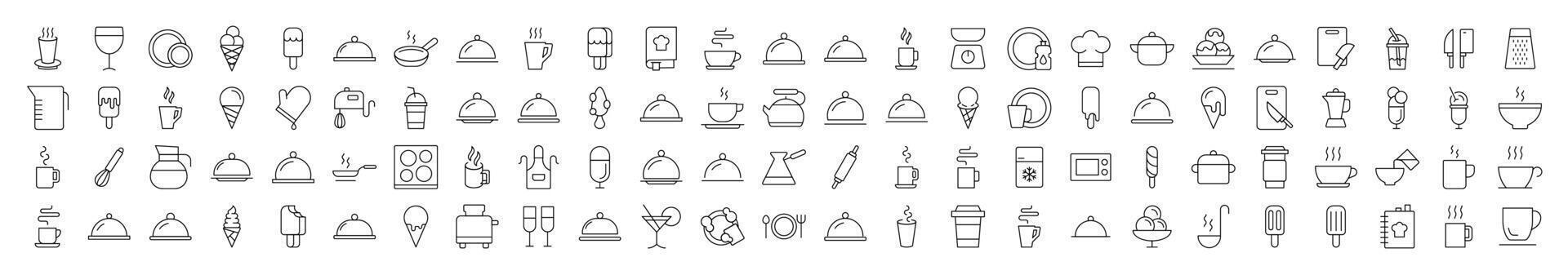 Set of Food, Cooking and Kitchen Related Line Icons. Editable Stroke for Design, Web Sites, Apps, Cards. Contains Linear Images of Coffee, Tea, Ice Cream vector