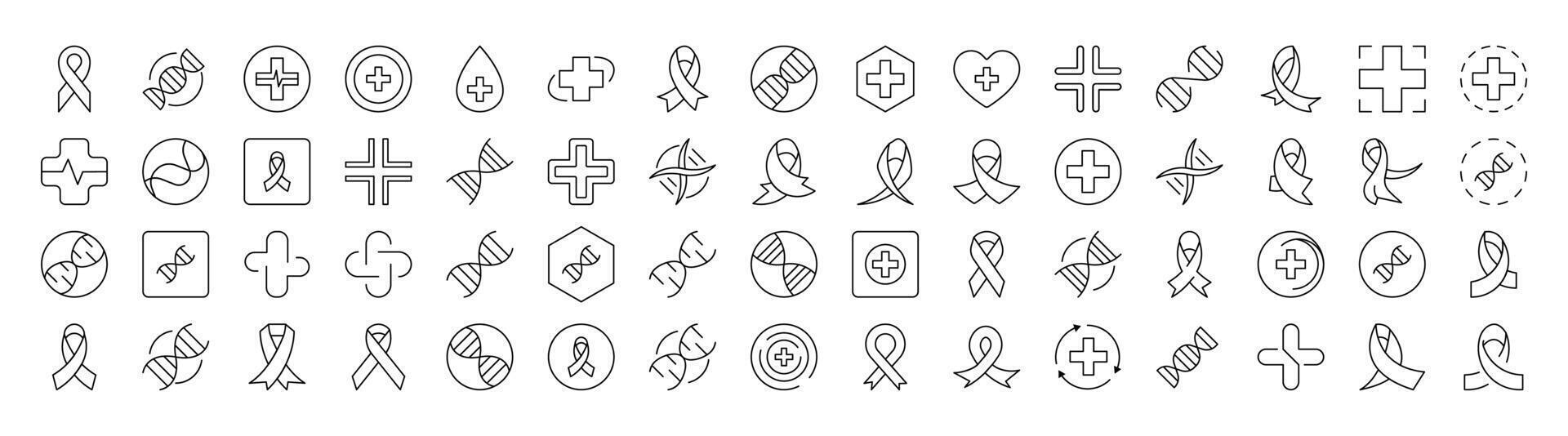Collection of Signs of Medical Cross, Pink Ribbon, DNA Drawn with Thin Line for apps, web sites, banners, infographics and other types of design vector